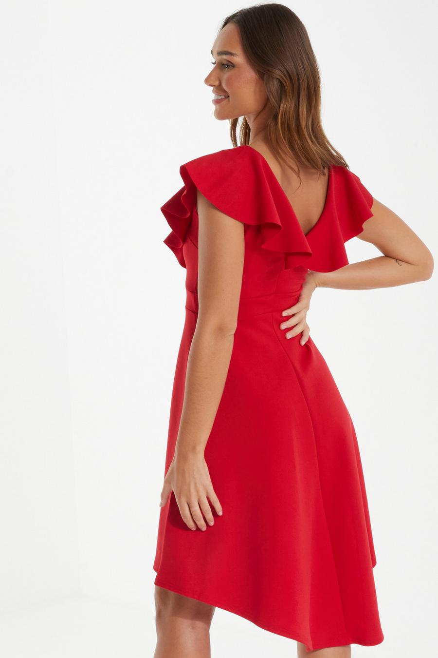 Red frill hot sale midi dress