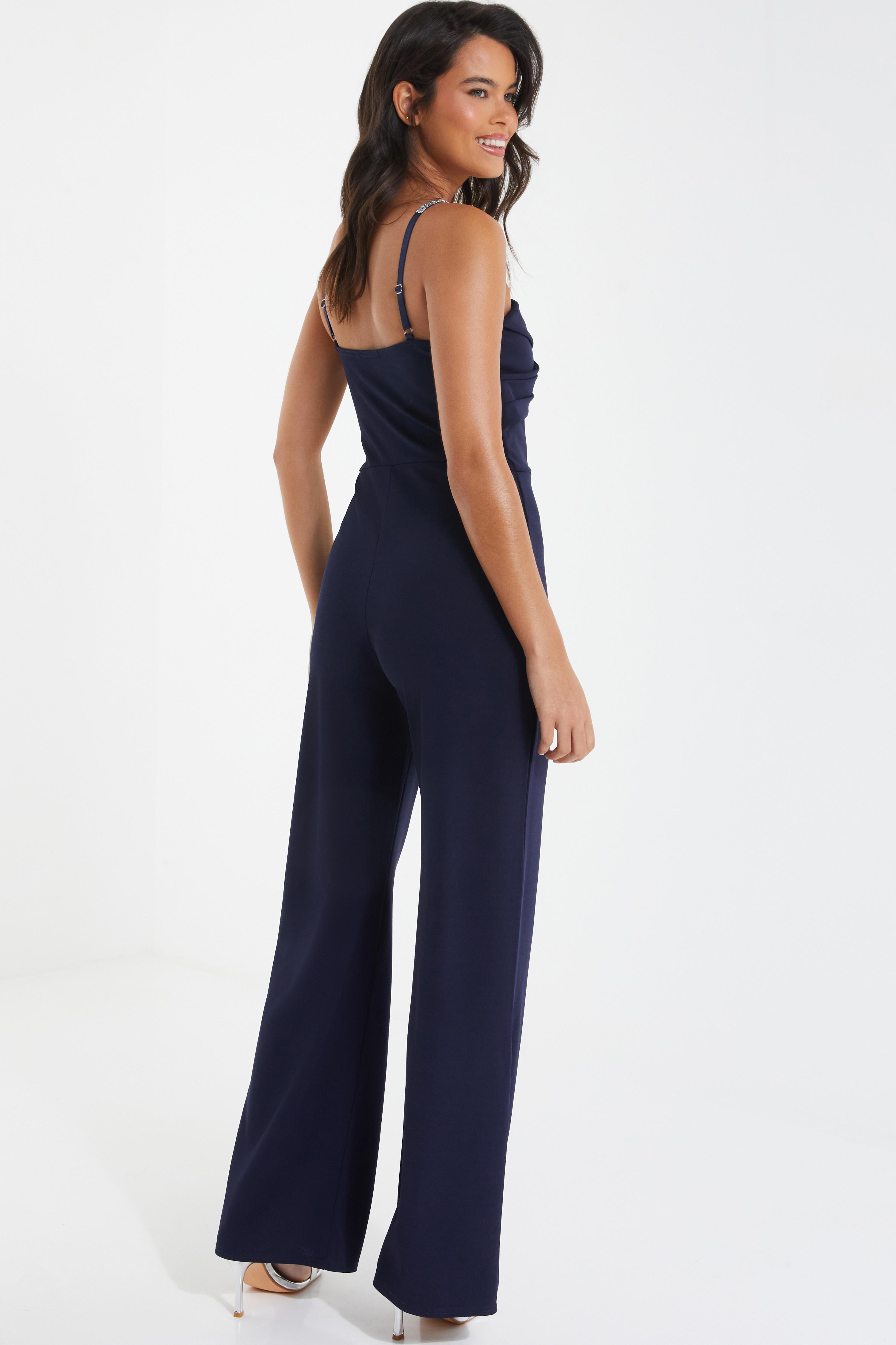 Navy Cross Front Diamante Strap Palazzo Jumpsuit<!-- --> - <!-- -->QUIZ  Clothing