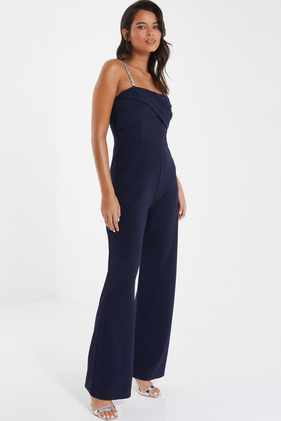 Navy Cross Front Diamante Strap Palazzo Jumpsuit - Quiz Clothing