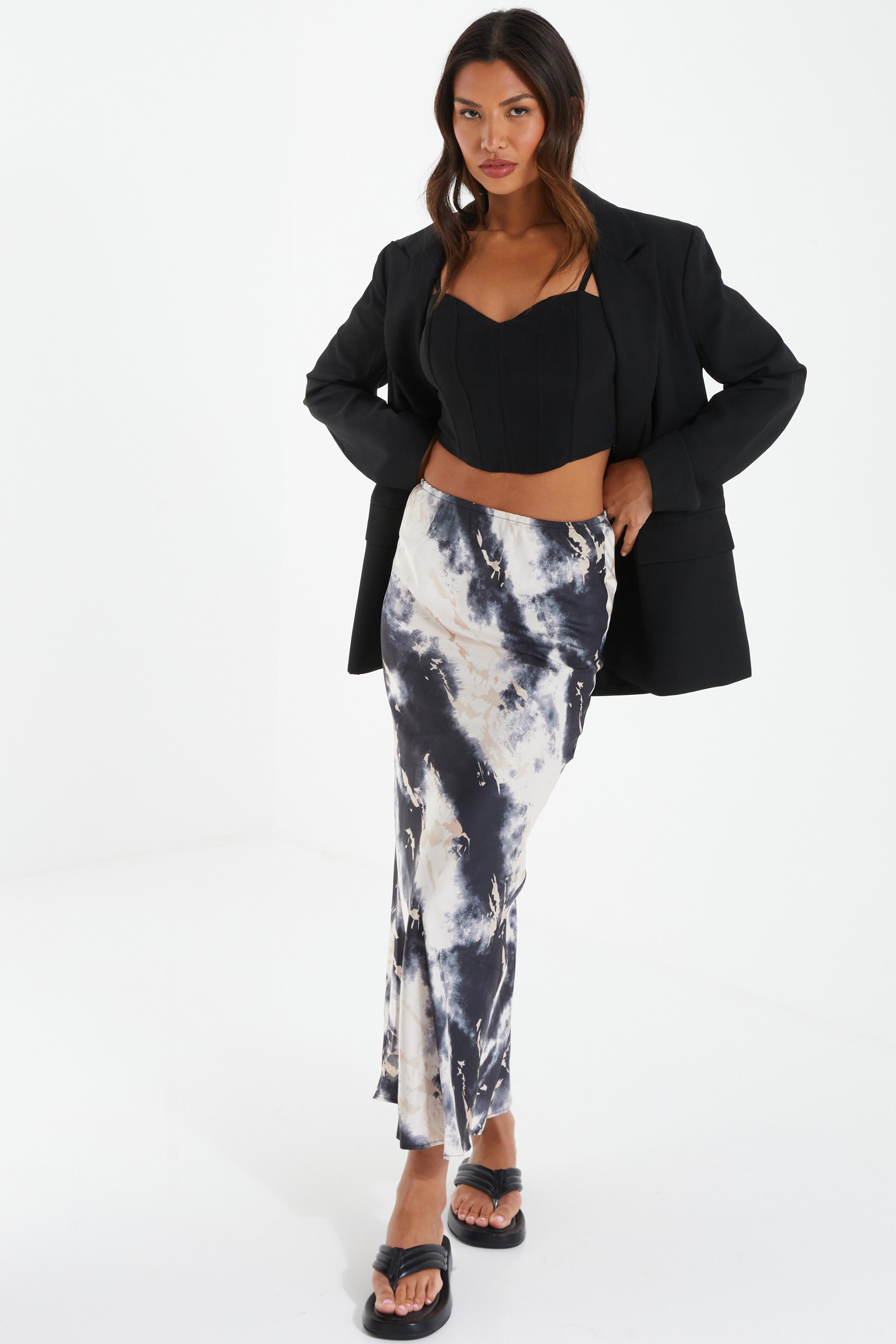 Black Satin Marble Print Midaxi Skirt