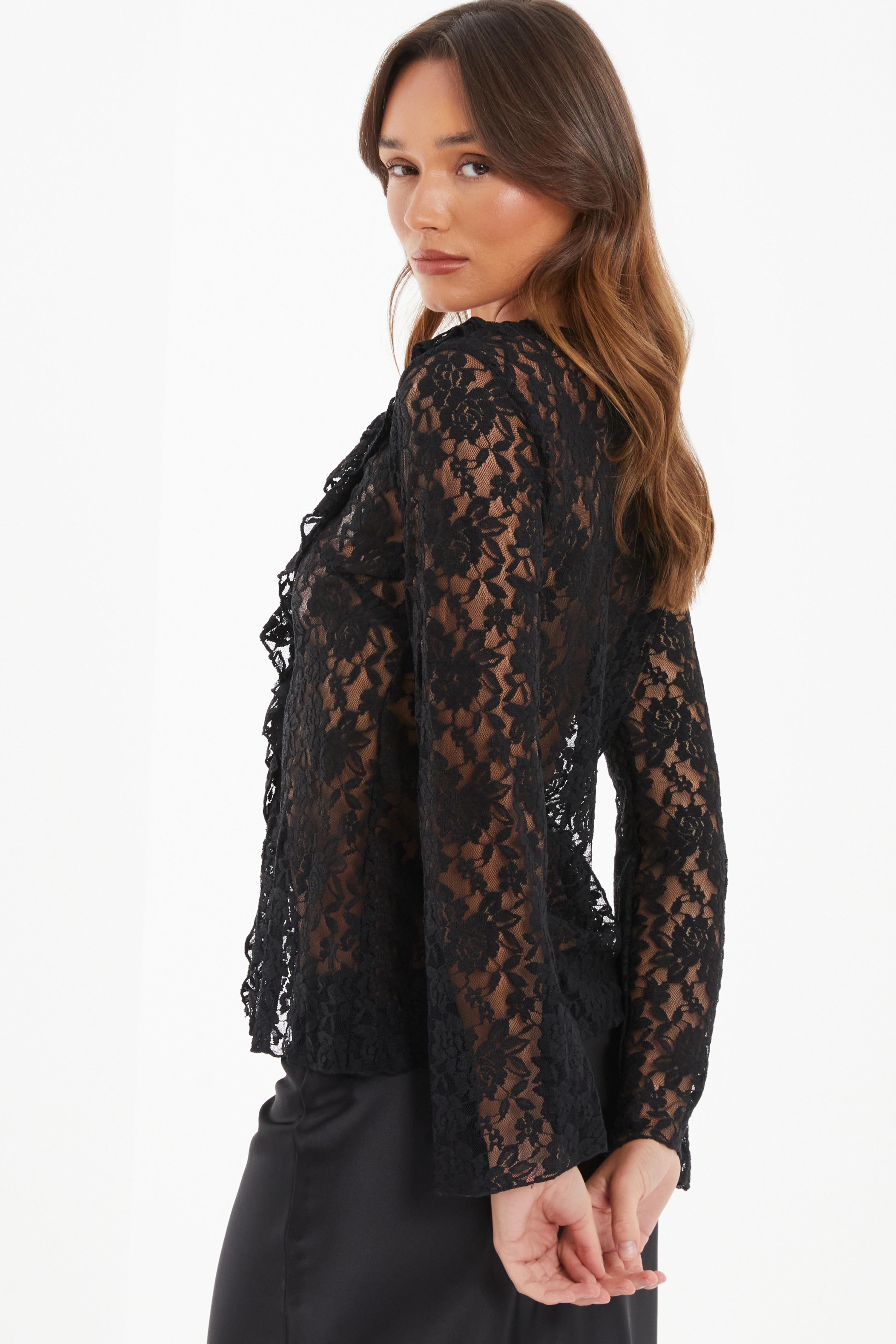 Black Lace Long Sleeve Tie Front Shirt, Tops