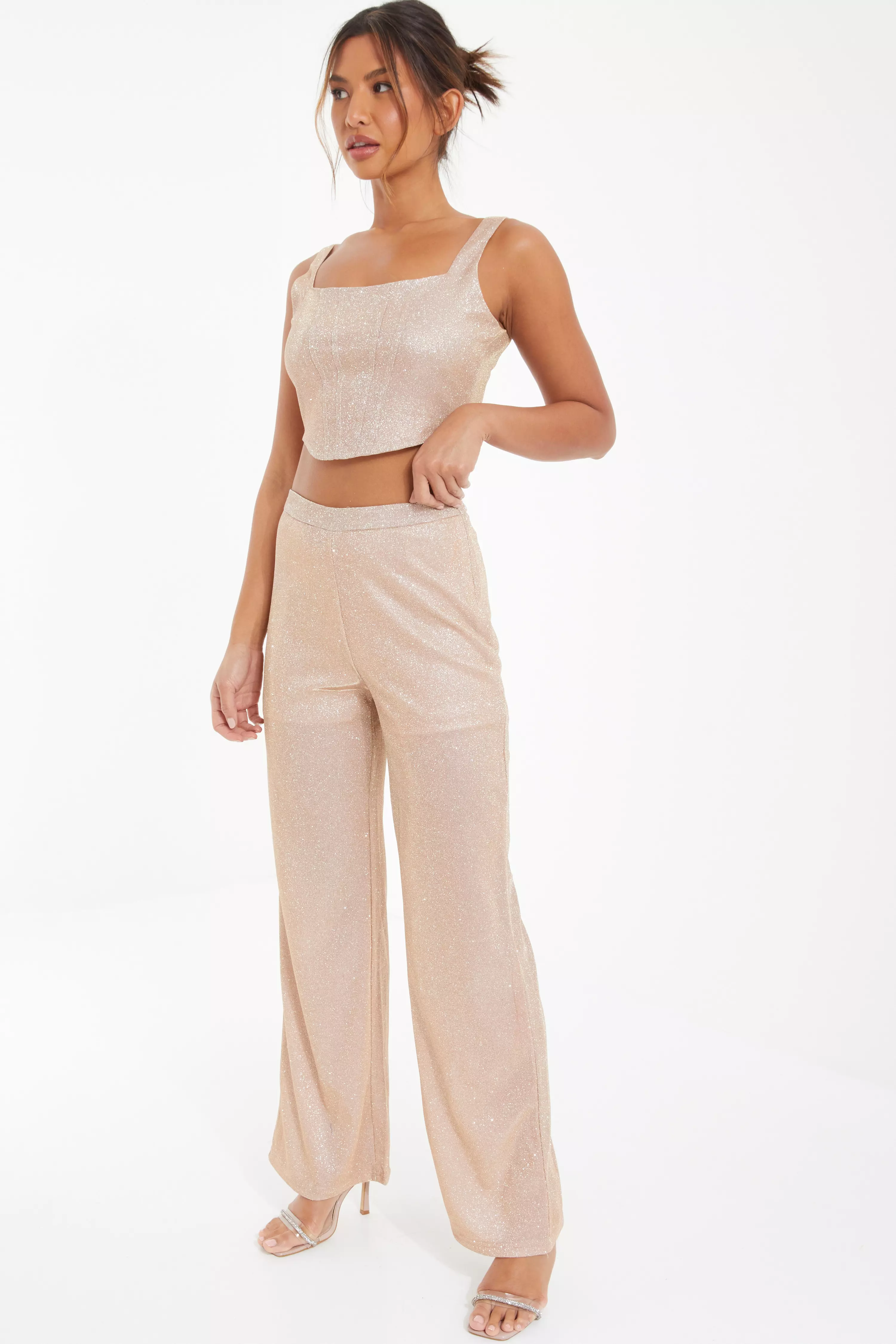 Champagne Glitter Palazzo Trouser - QUIZ Clothing