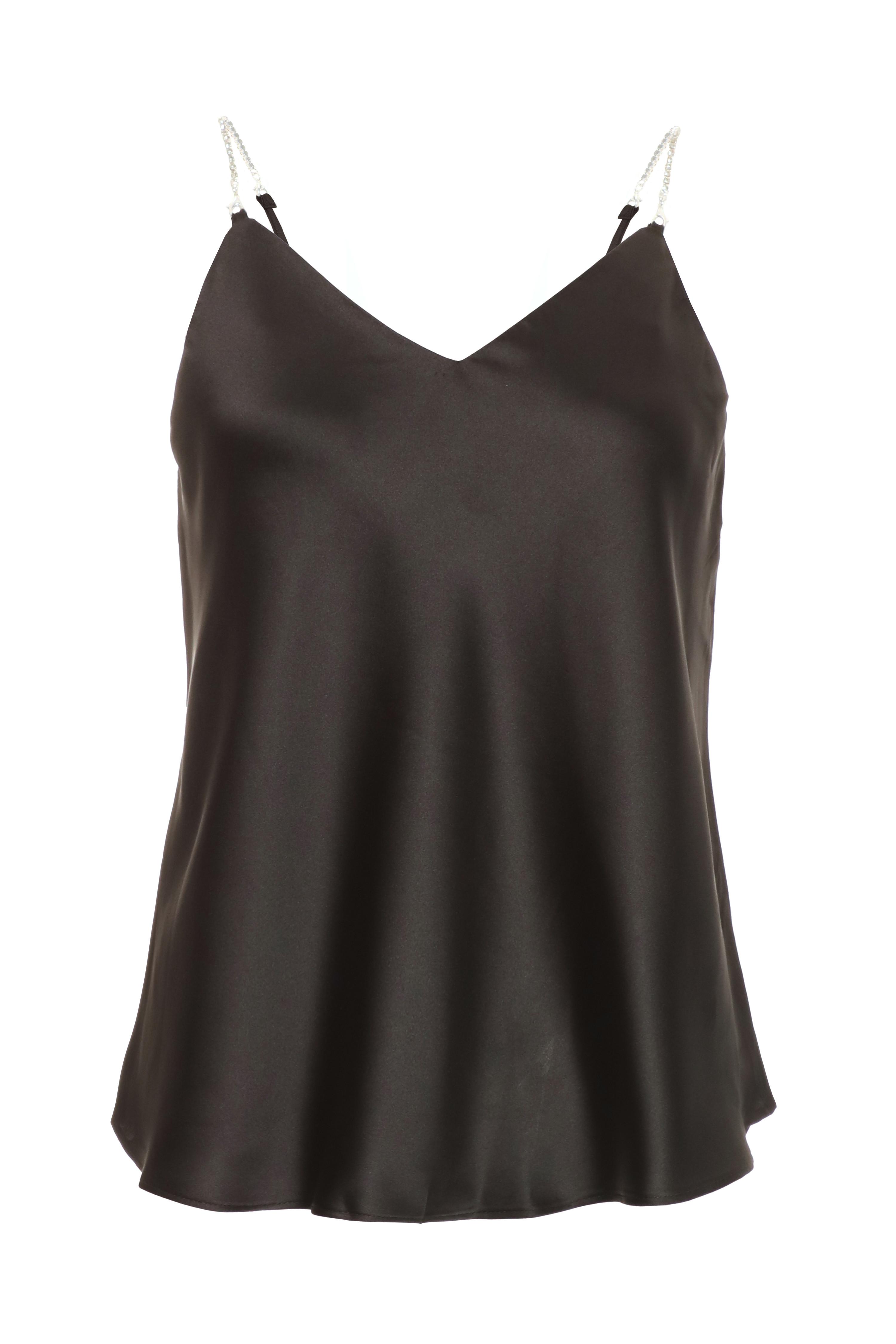 Black Satin Diamante Strap Top<!-- --> - <!-- -->QUIZ Clothing