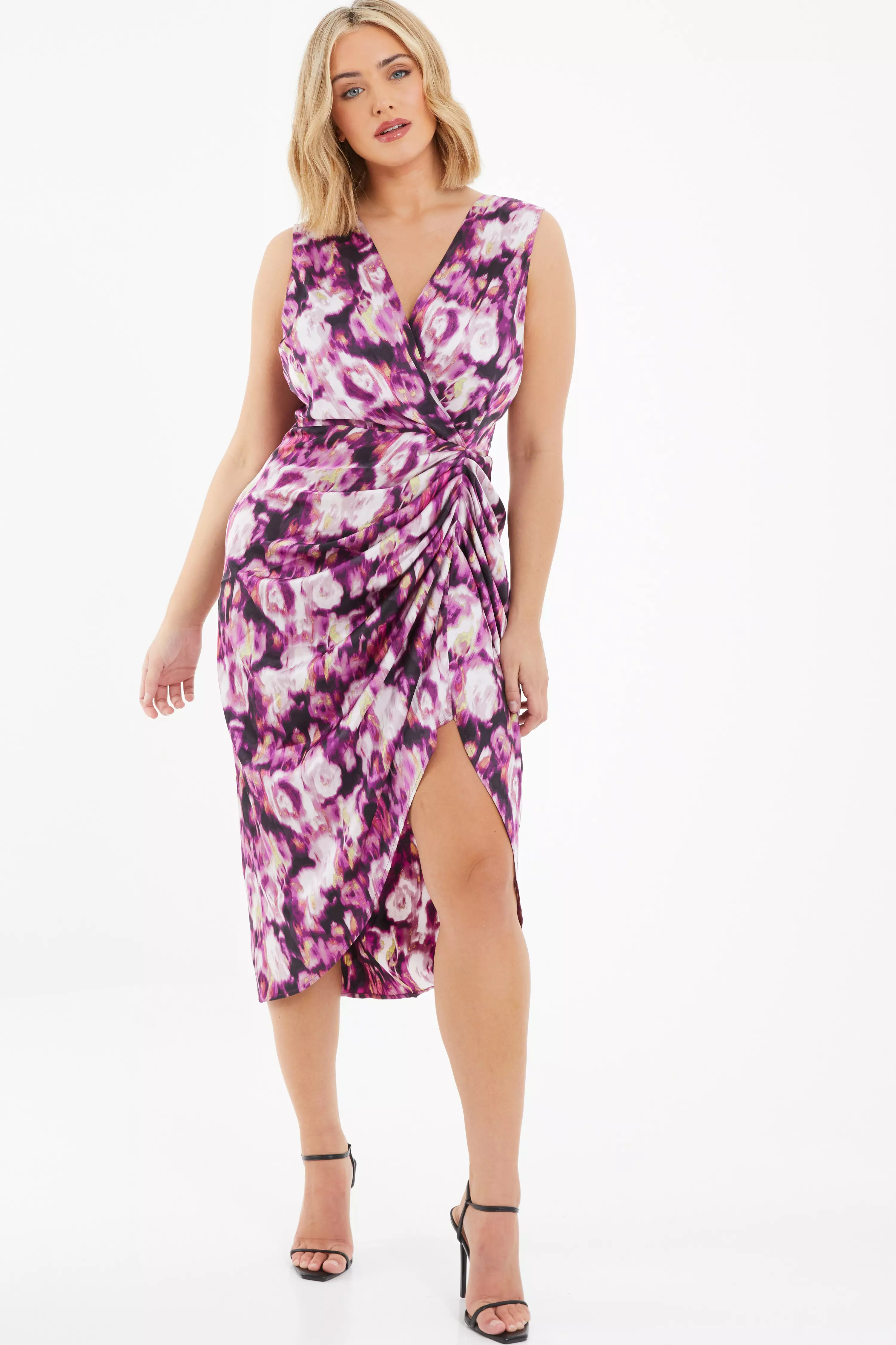 Curve Purple Floral Print Ruched Midi Dress - QUIZ Clothing