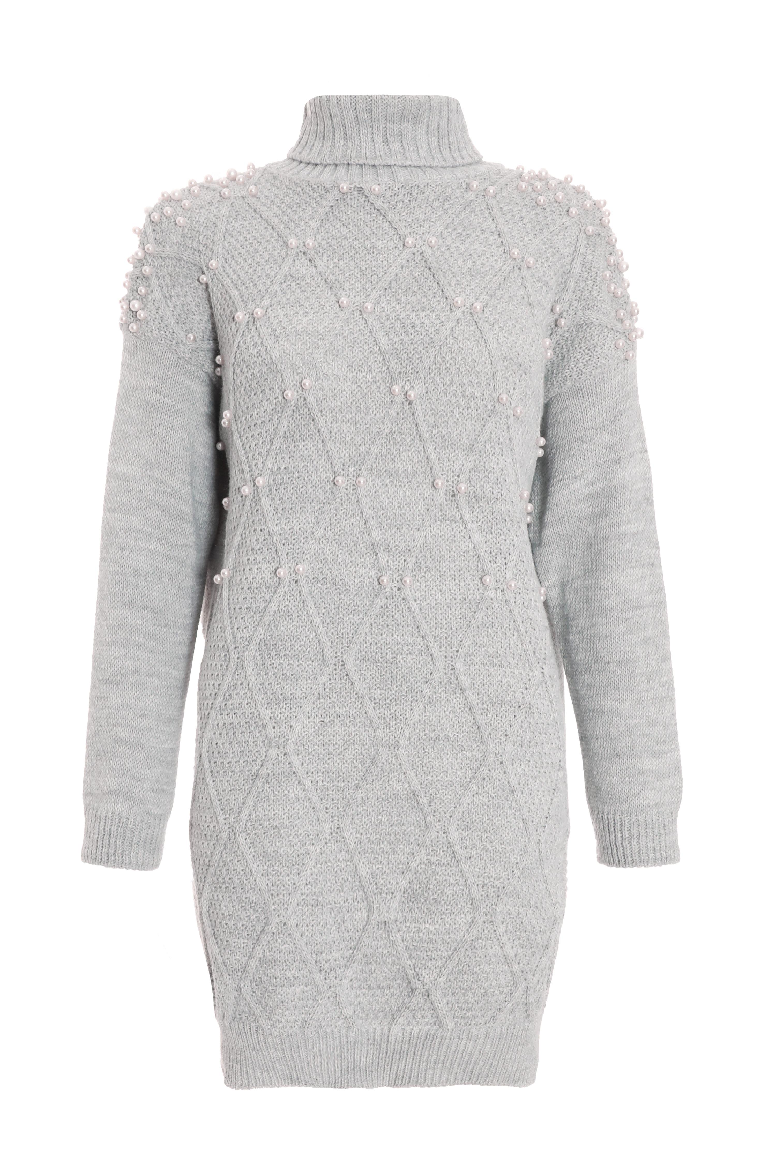 Grey Knitted Pearl Embellished Jumper Dress QUIZ Clothing