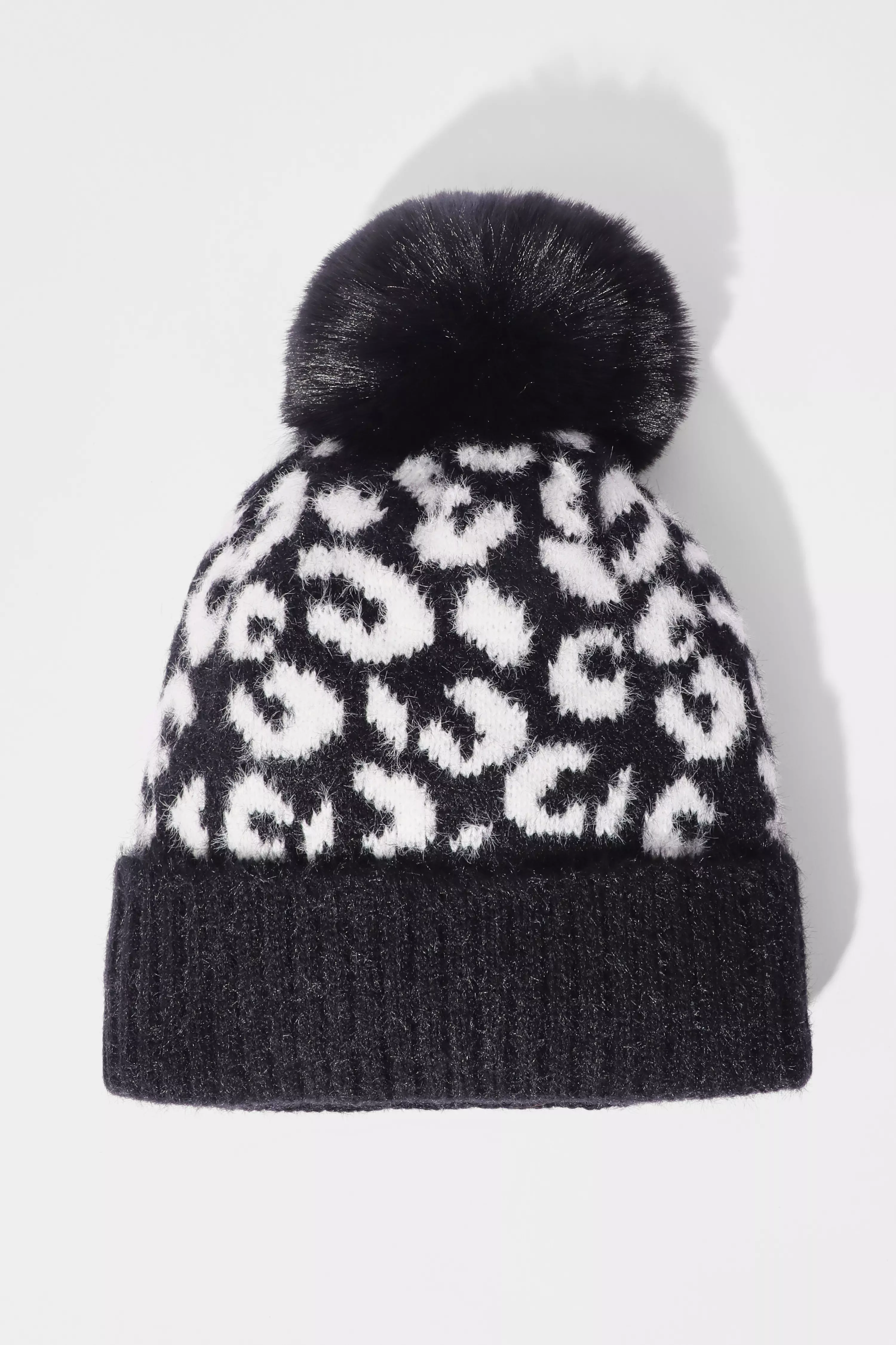 Black Leopard Print Knit Hat QUIZ Clothing