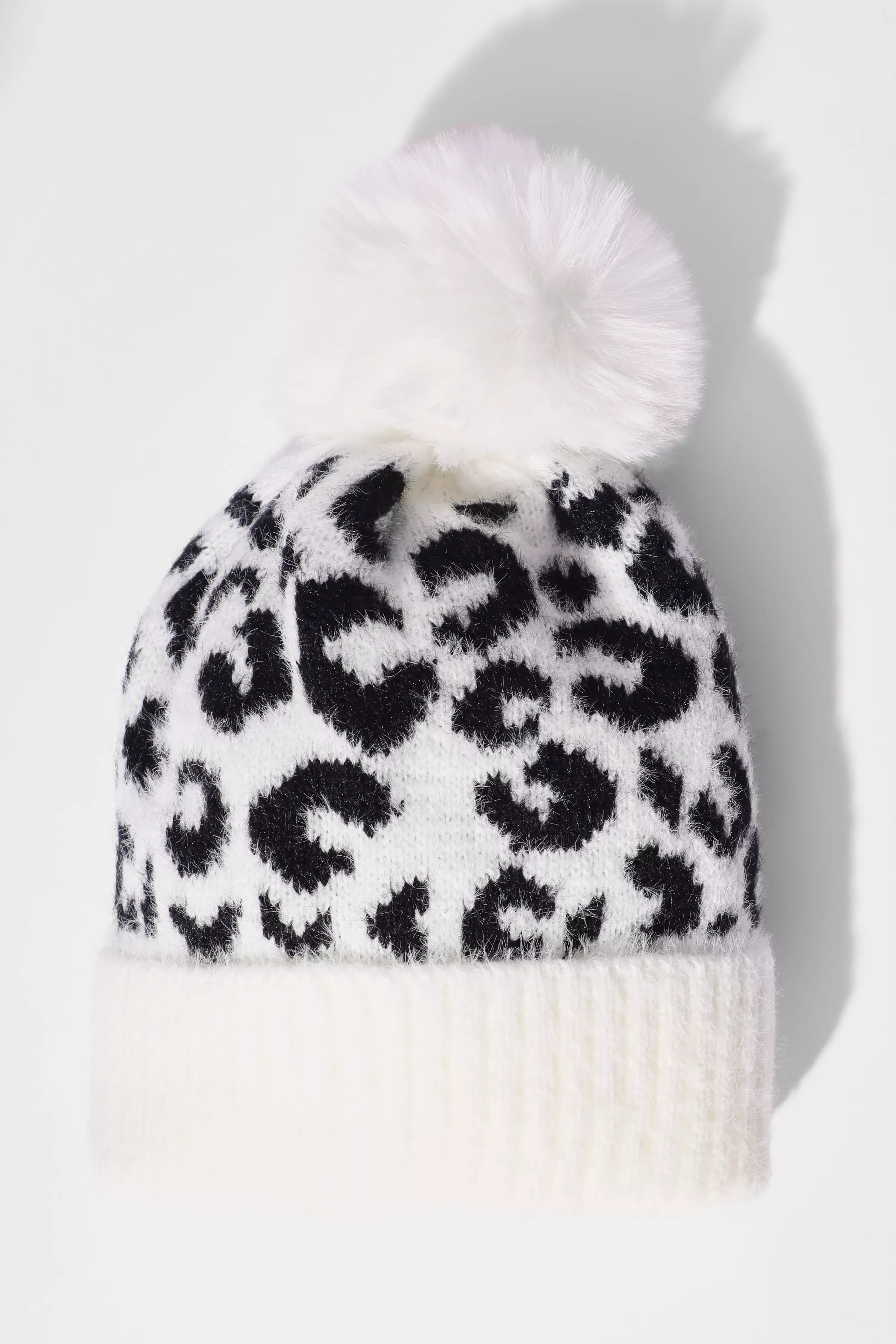 White Leopard Print Knit Hat QUIZ Clothing