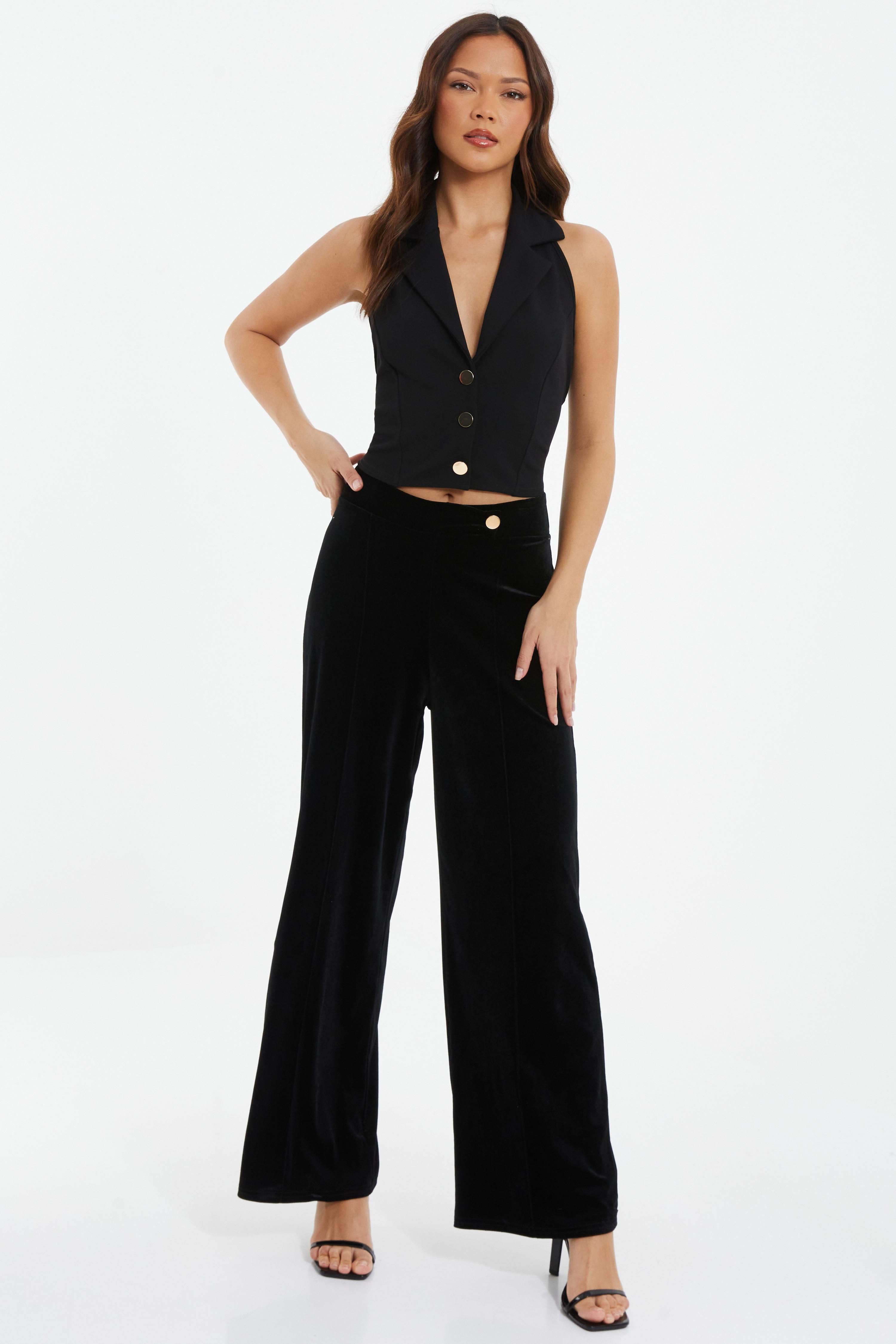 Black Velvet Button Front Palazzo Trousers QUIZ Clothing