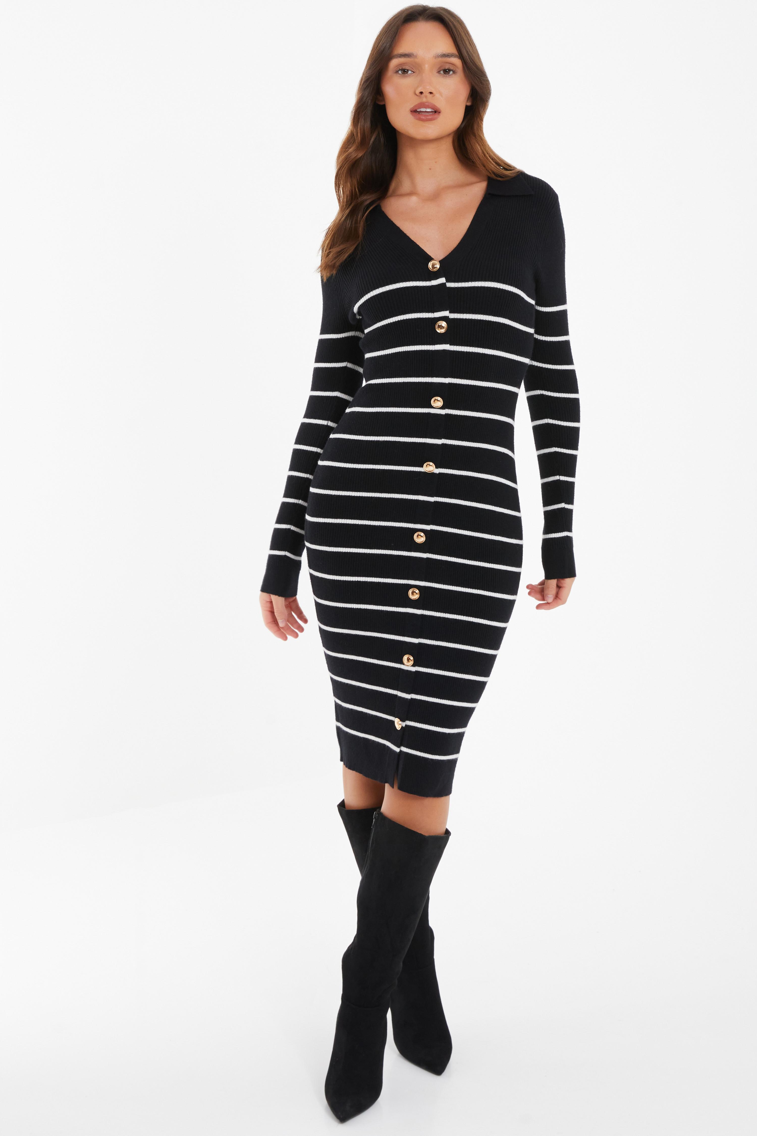 Black Stripe Knitted Midi Dress