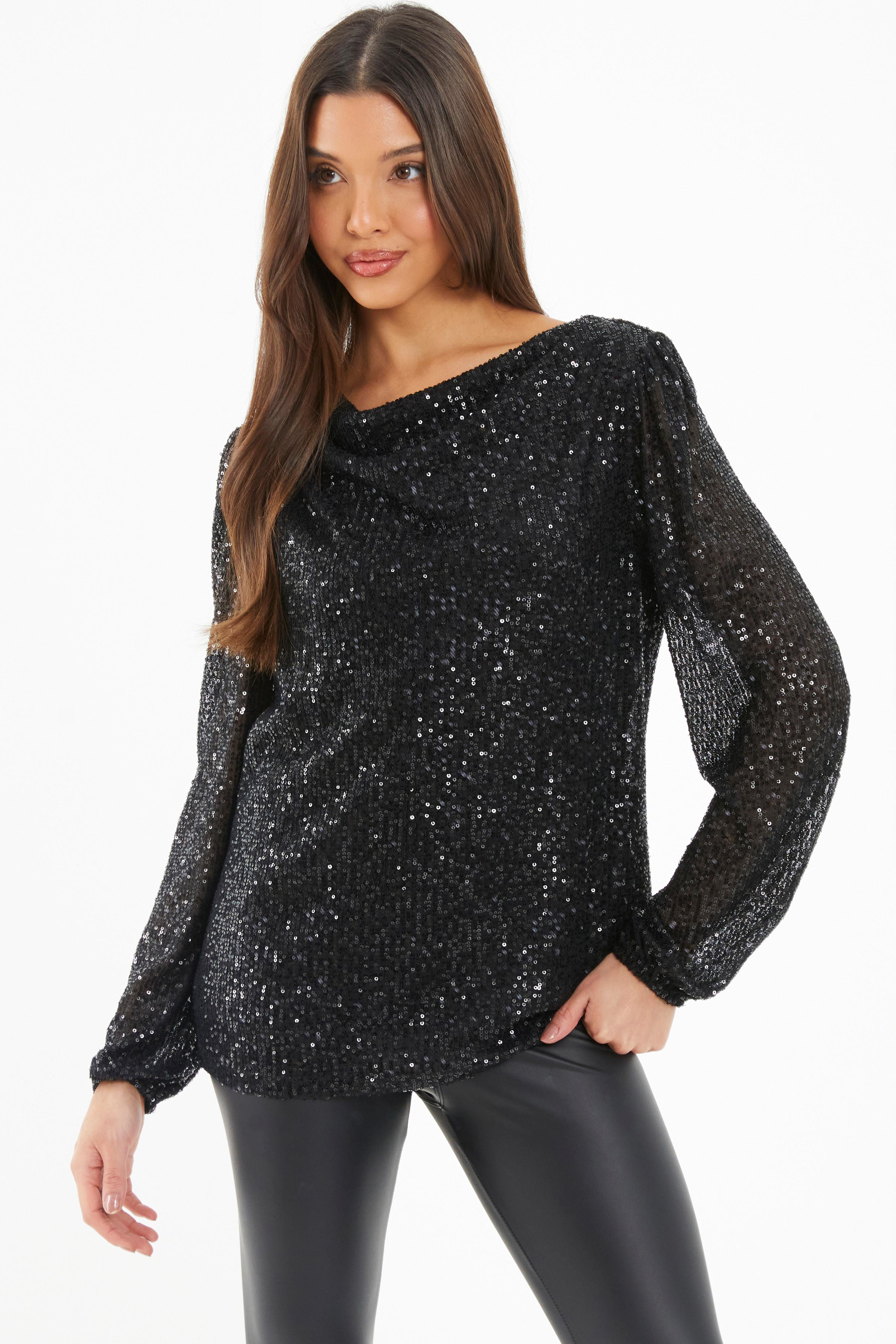 Black Sequin Boxy Drape Top QUIZ Clothing