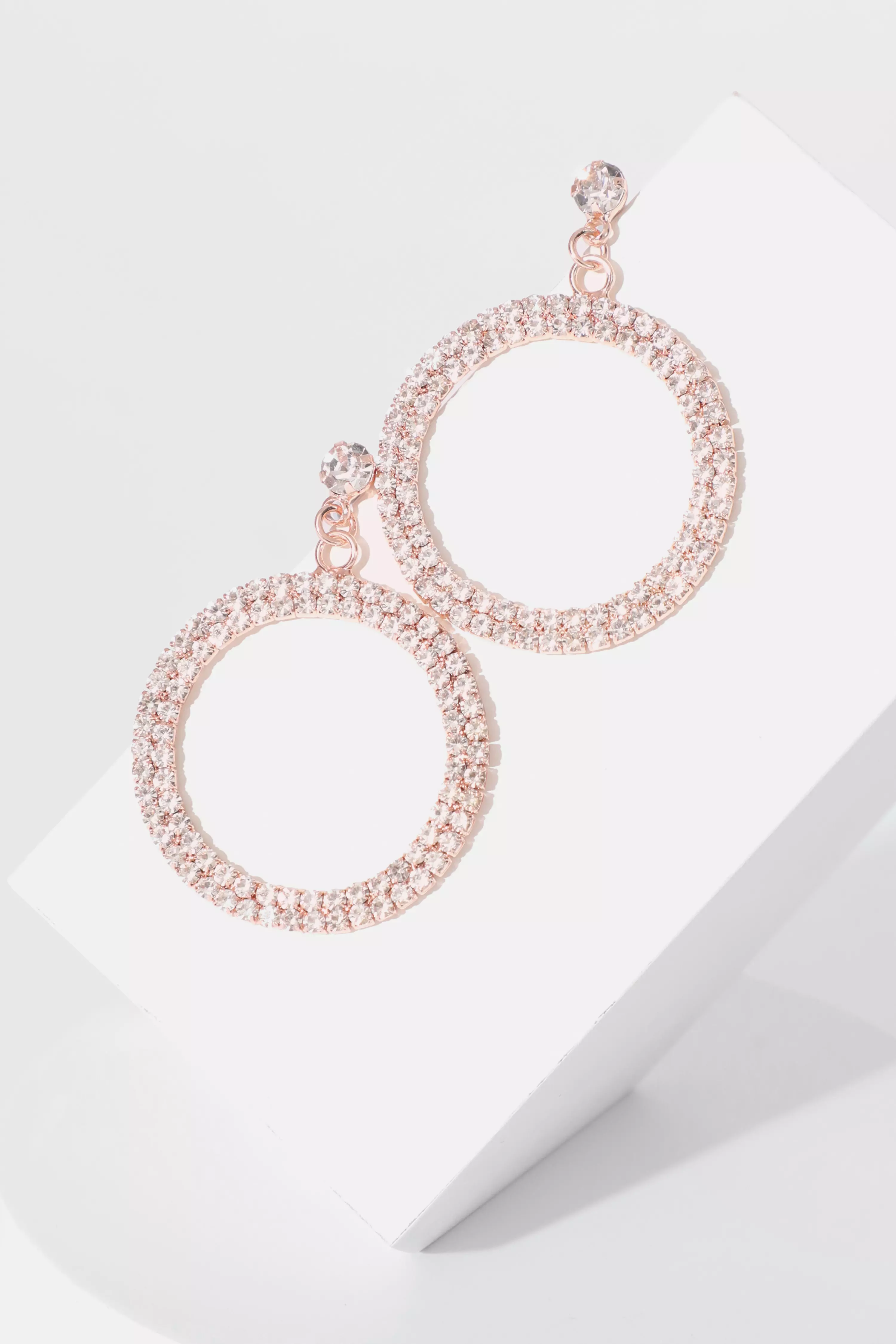 Rose Gold Diamante Circle Drop Earrings QUIZ Clothing