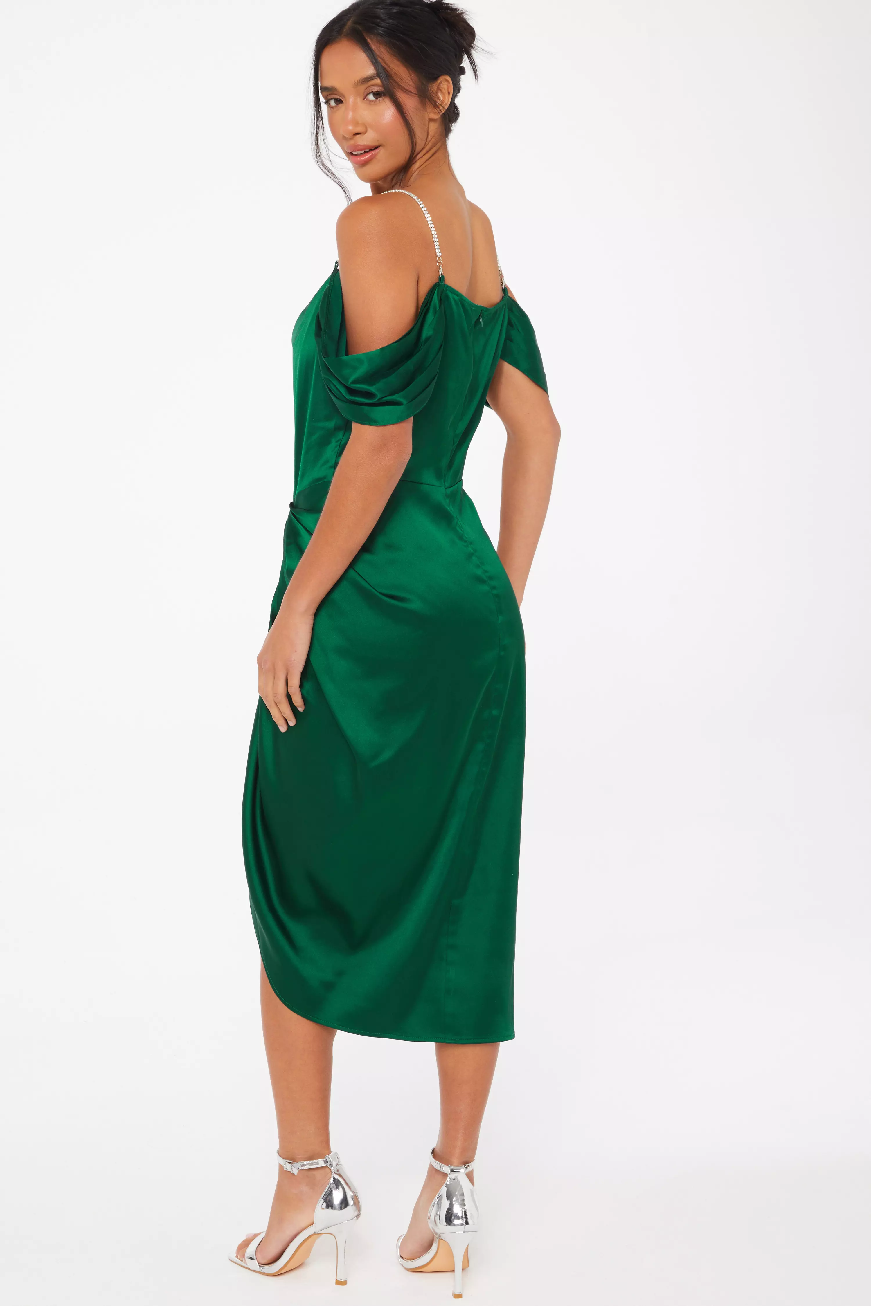 Petite Green Satin Ruched Cold Shoulder Midi Dress QUIZ Clothing