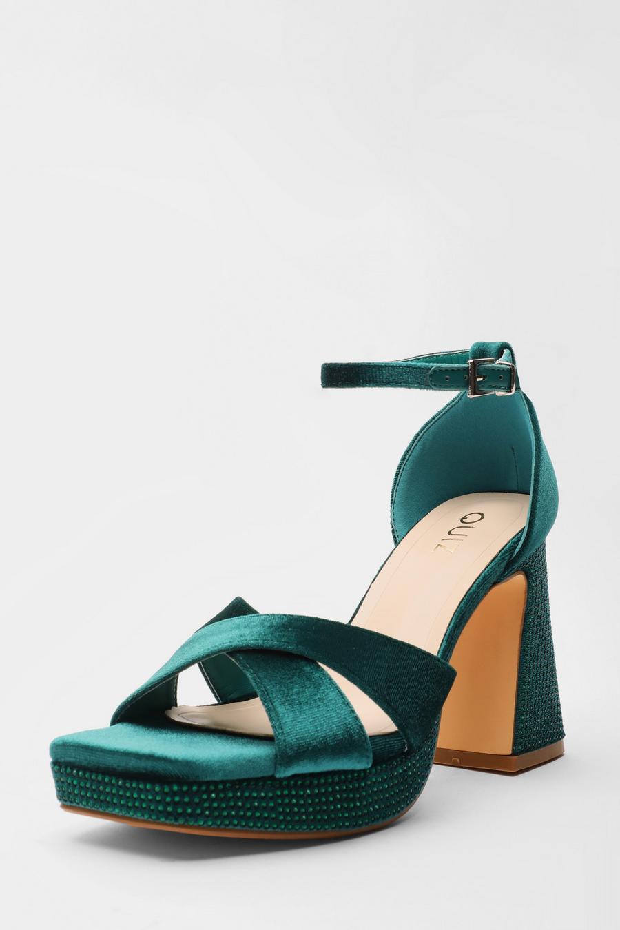 Bottle Green Velvet Diamante Platform Heels Quiz Clothing