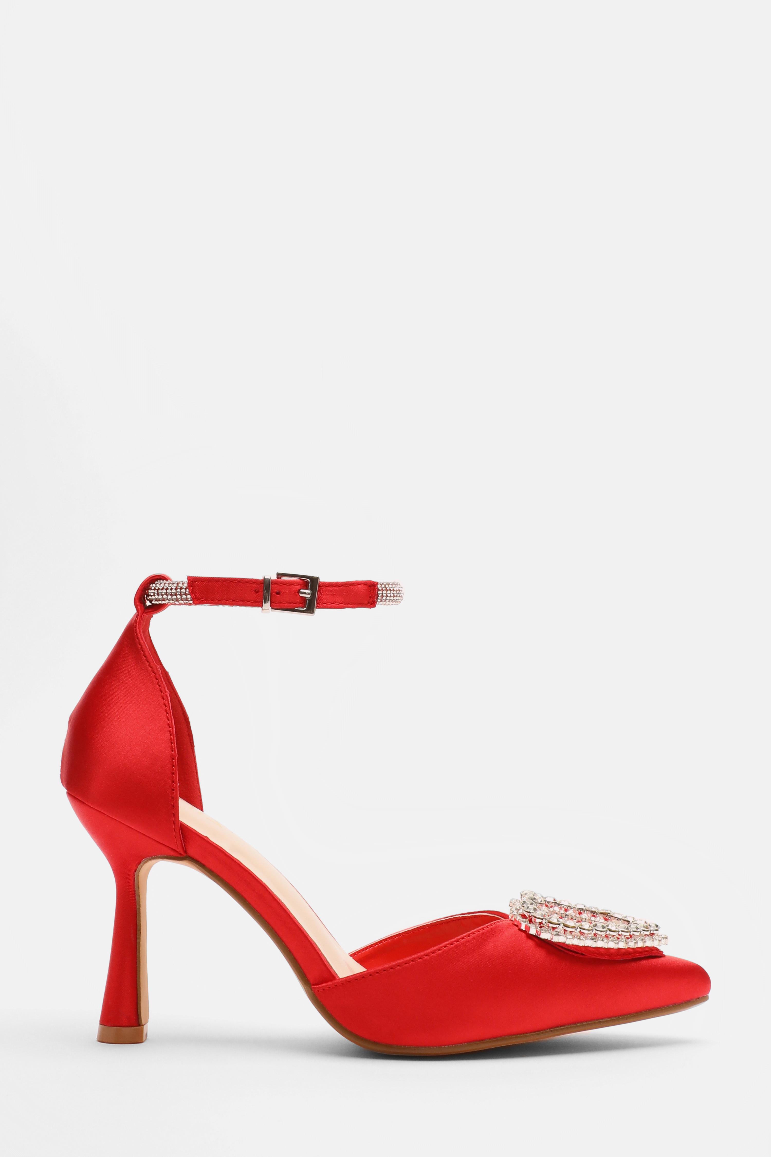 Red Satin Diamante Heart Brooch Court Heels QUIZ Clothing