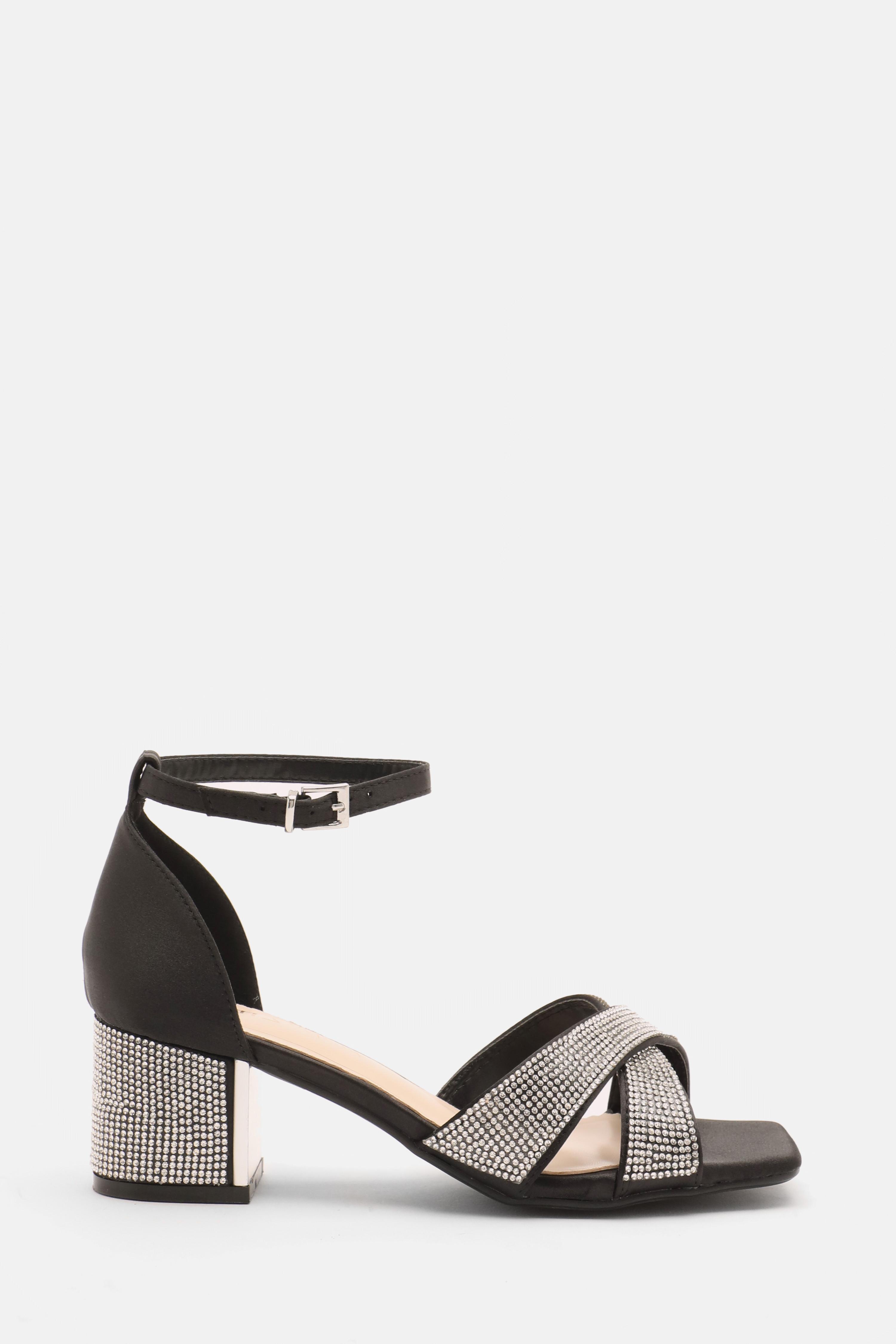 Wide Fit Satin Diamante Cross Front Block Heels