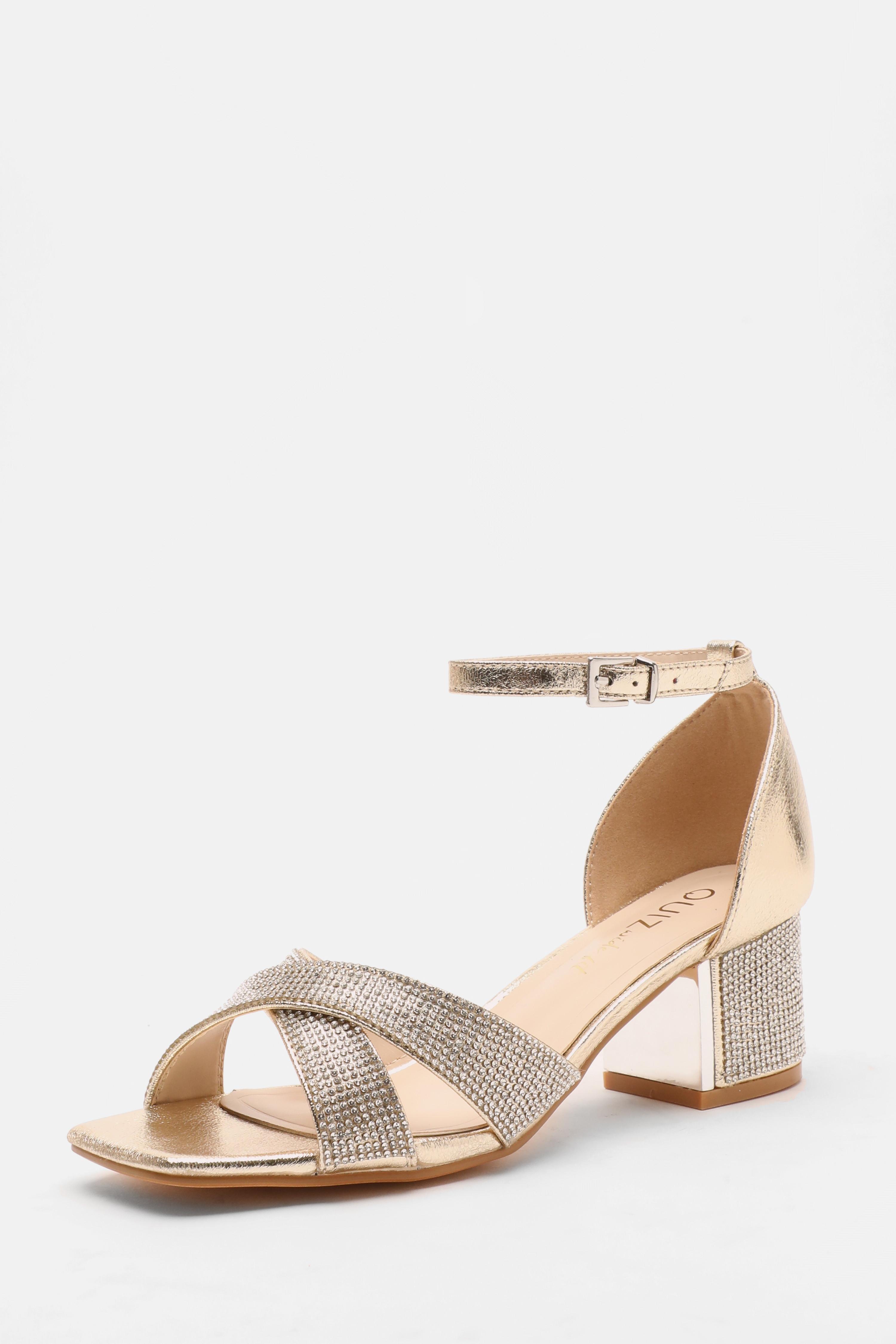 Wide Fit Gold Satin Diamante Cross Front Block Heels