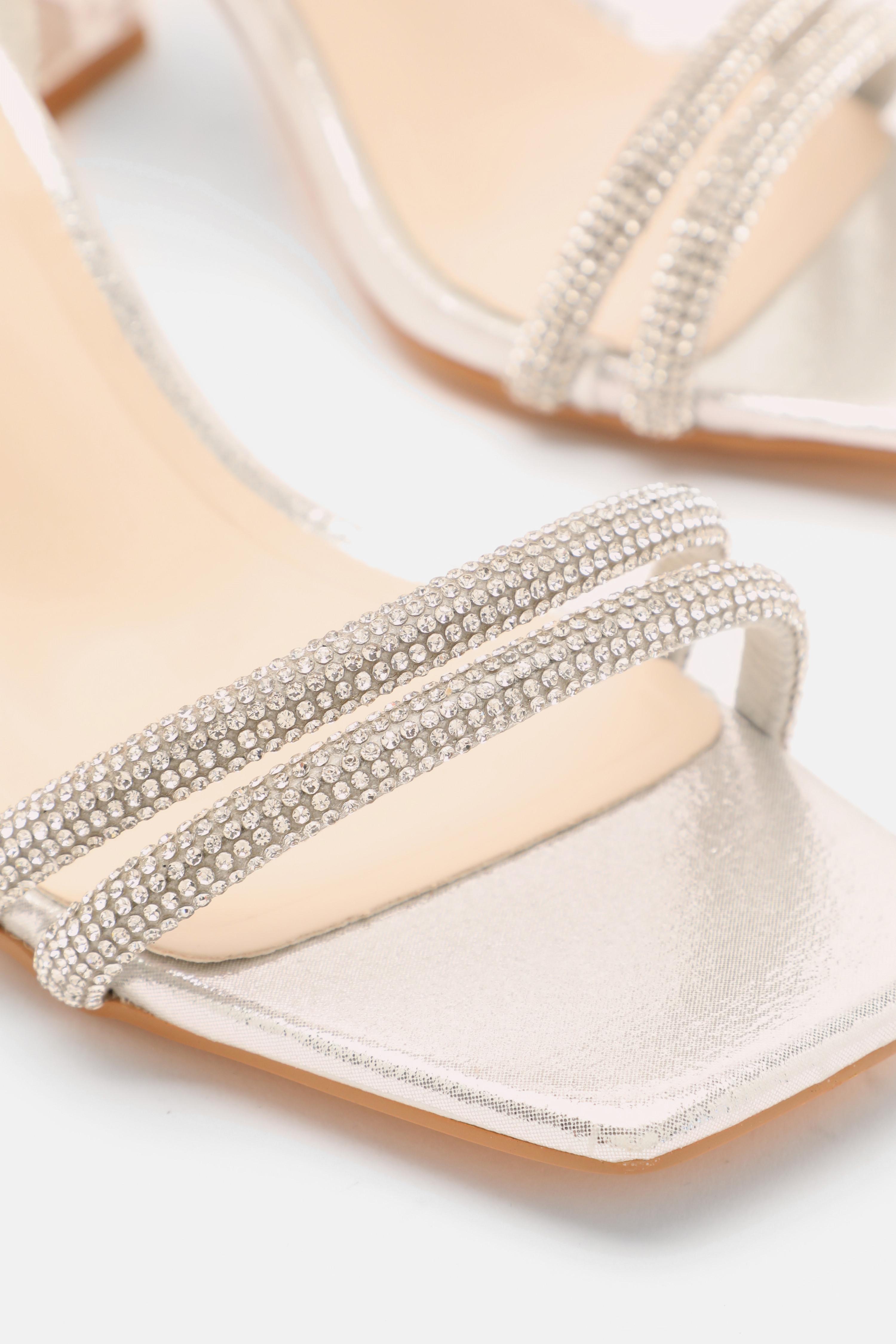 Wide Fit Silver Diamante Clear Block Heeled Sandals QUIZ Clothing