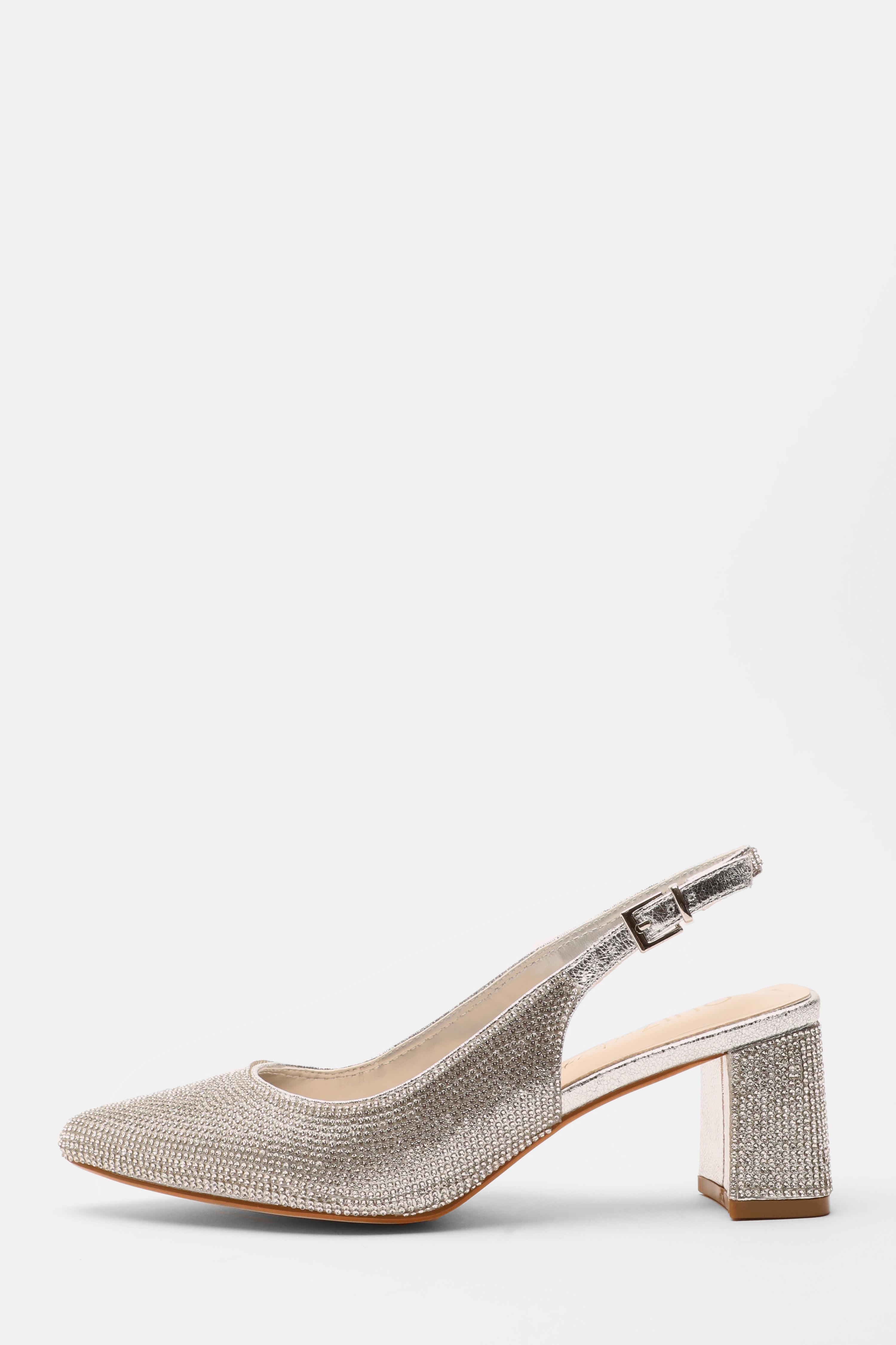 Wide Fit Silver Diamante Sling Back Heels QUIZ Clothing
