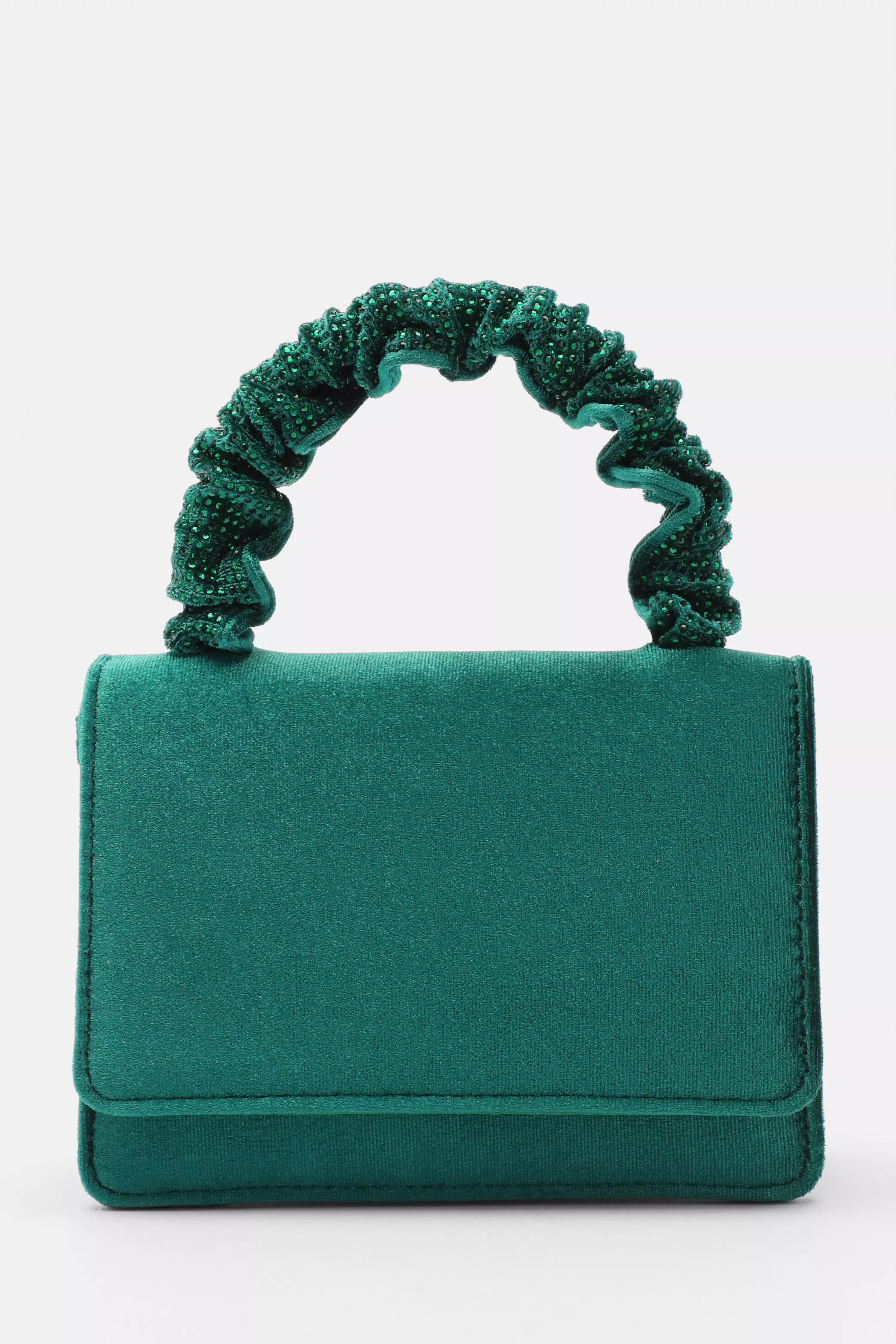 Green Velvet Diamante Mini Ruched Bag - QUIZ Clothing