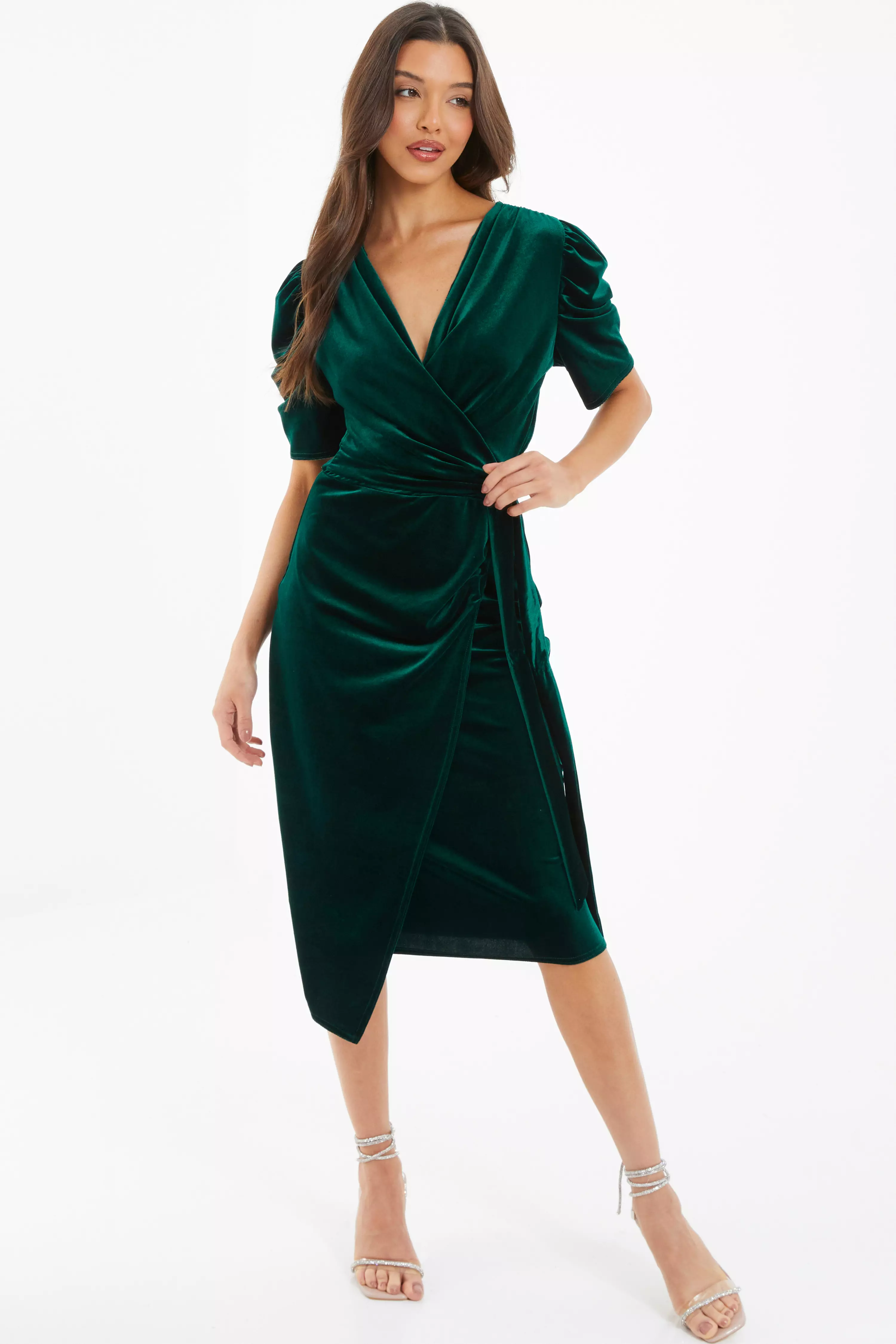 Bottle Green Velvet Wrap Midi Dress - QUIZ Clothing