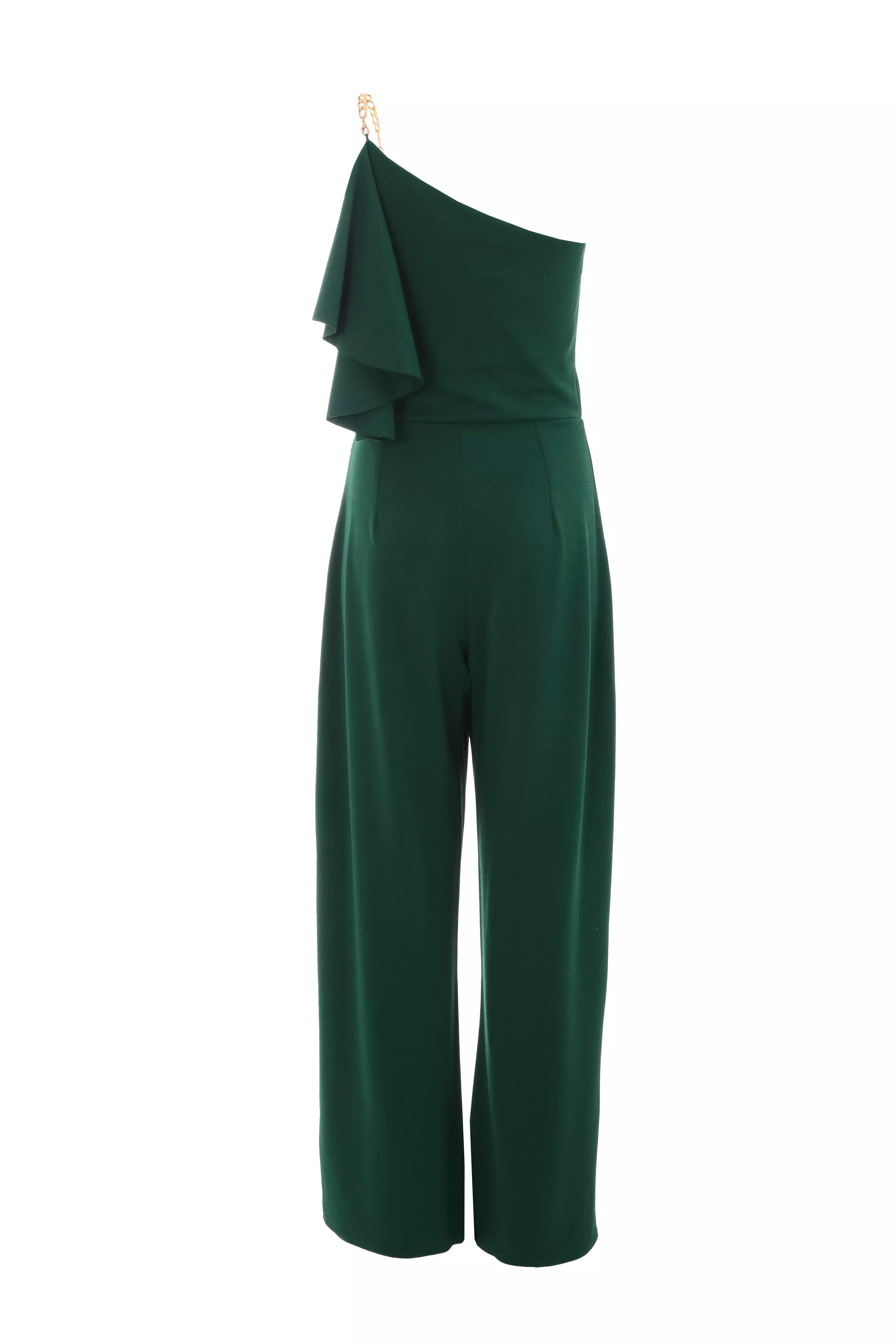 Bottle Green One Shoulder Frill Palazzo Jumpsuit QUIZ Clothing
