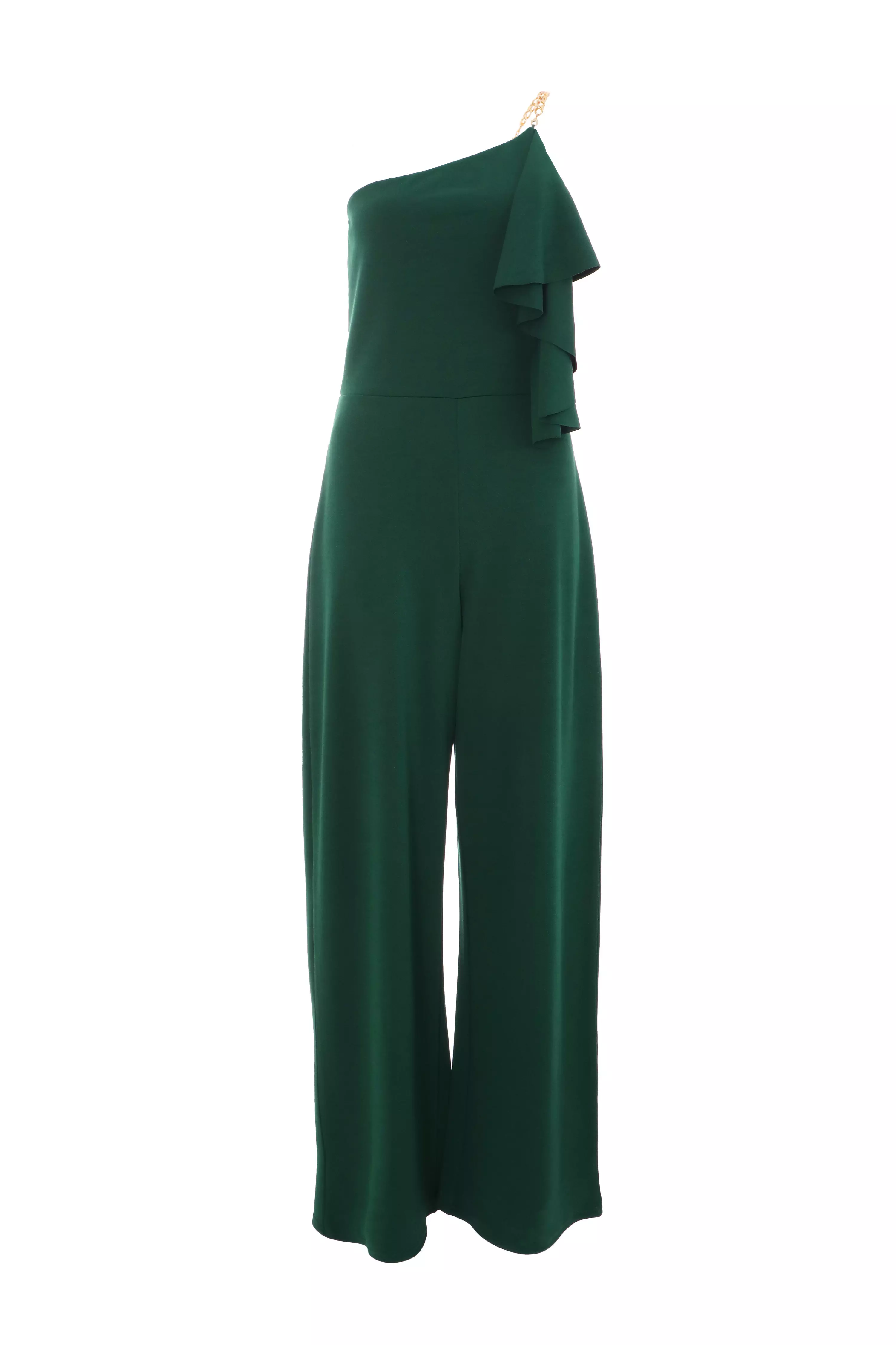 Bottle Green One Shoulder Frill Palazzo Jumpsuit QUIZ Clothing