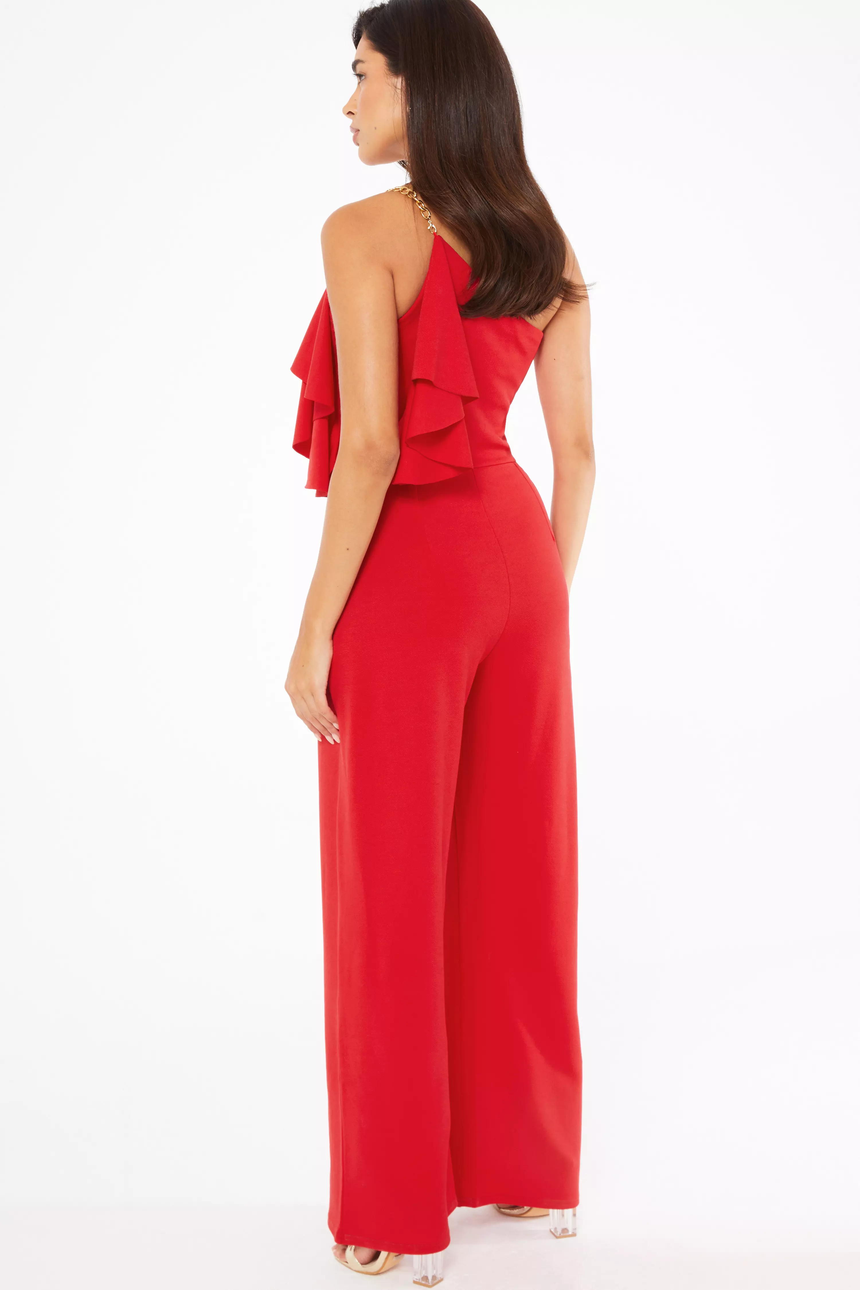 Red One Shoulder Frill Palazzo Jumpsuit QUIZ Clothing