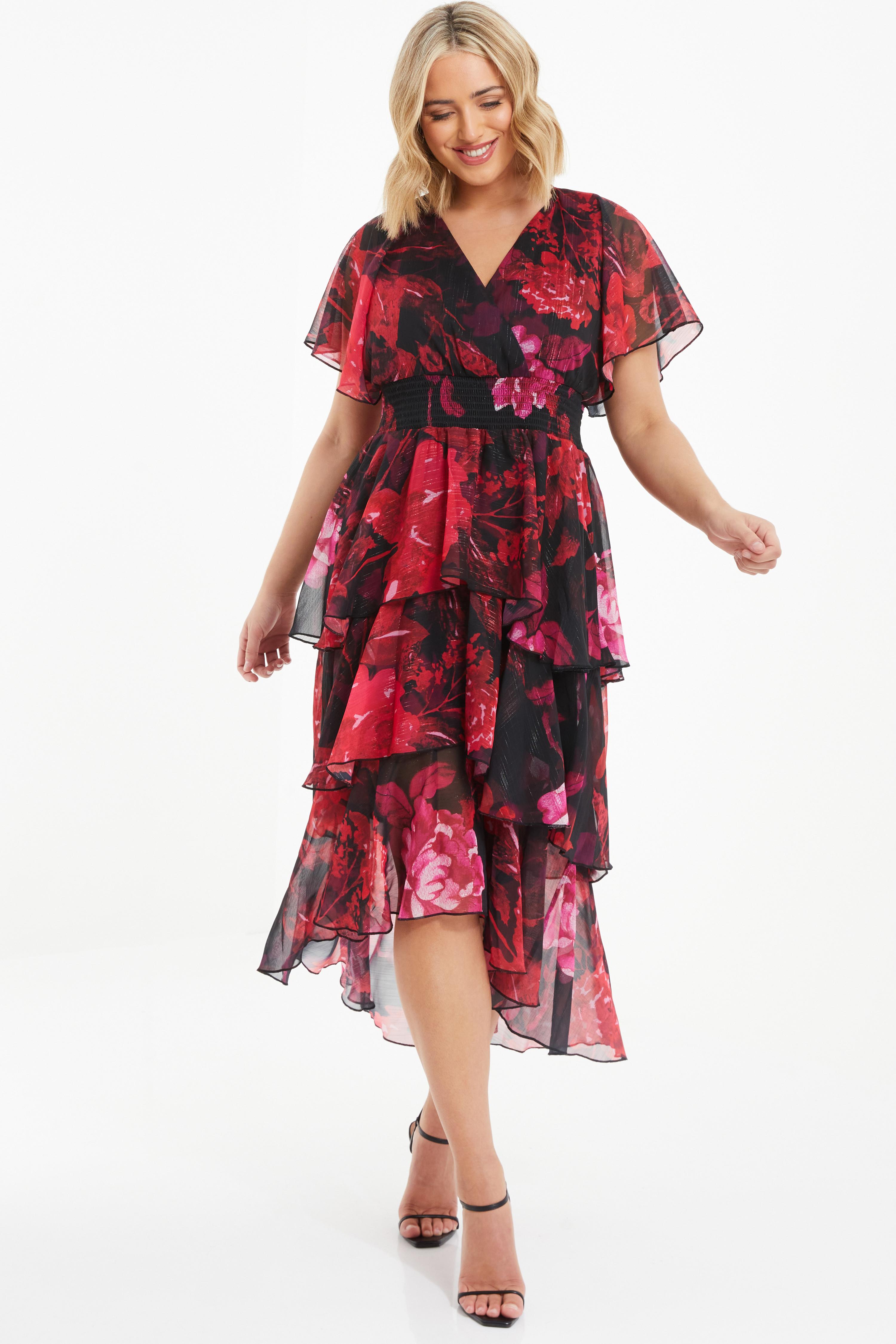 Curve Red Floral Dip Hem Tiered Midi Dress