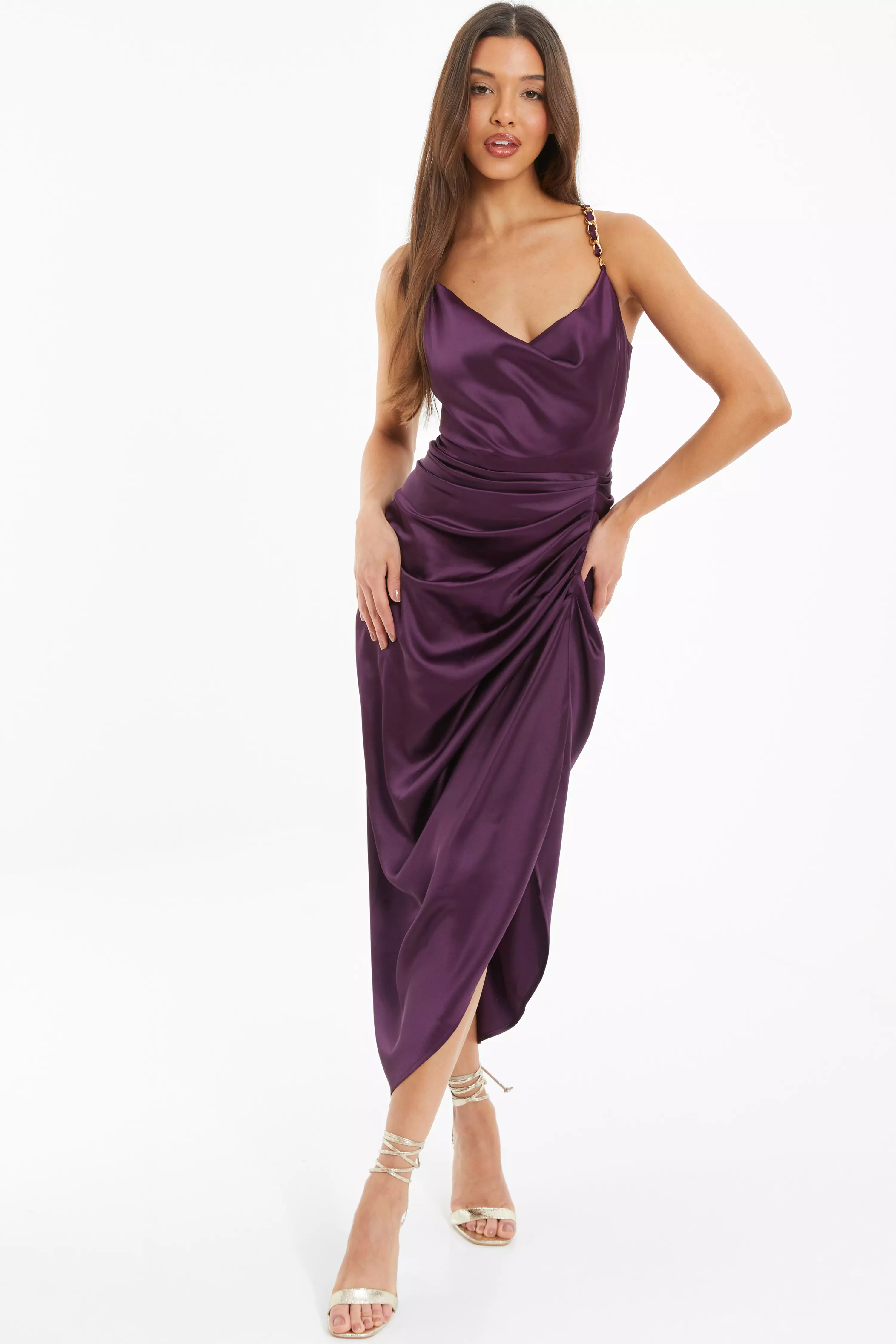 Purple Satin Ruched Midaxi Dress - QUIZ Clothing