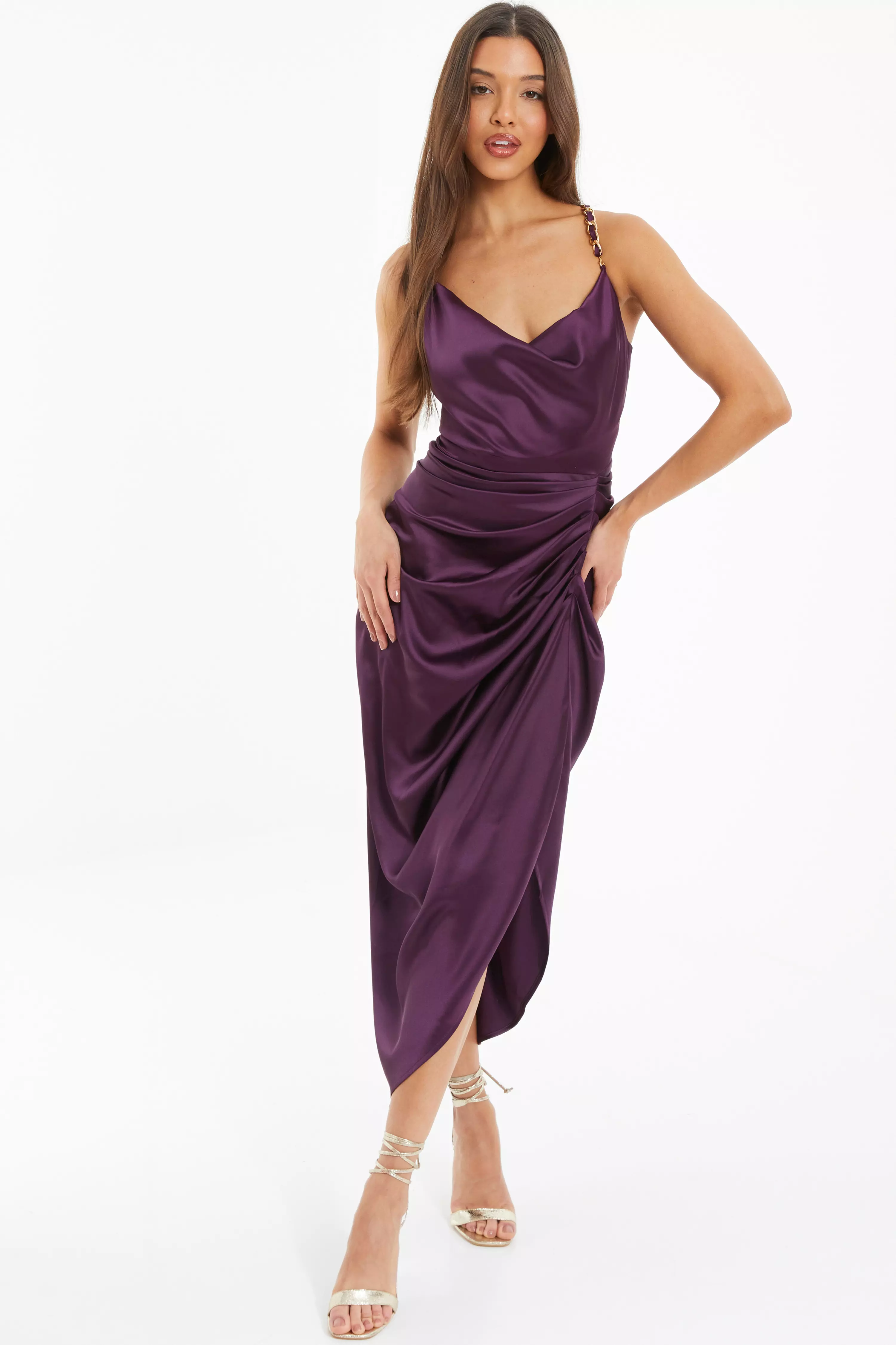 Purple Satin Ruched Midaxi Dress QUIZ Clothing