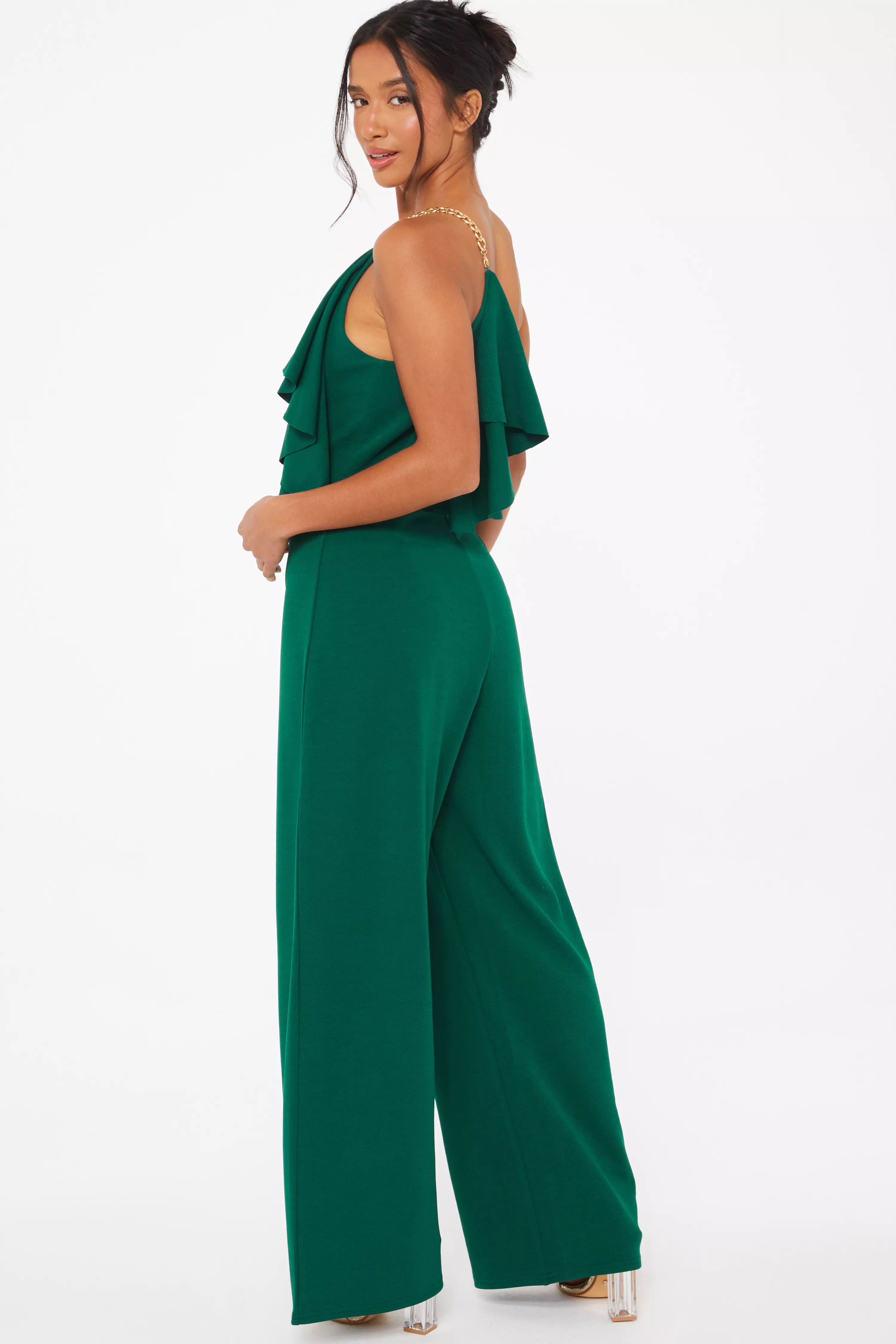 Petite Bottle Green One Shoulder Frill Palazzo Jumpsuit - QUIZ Clothing