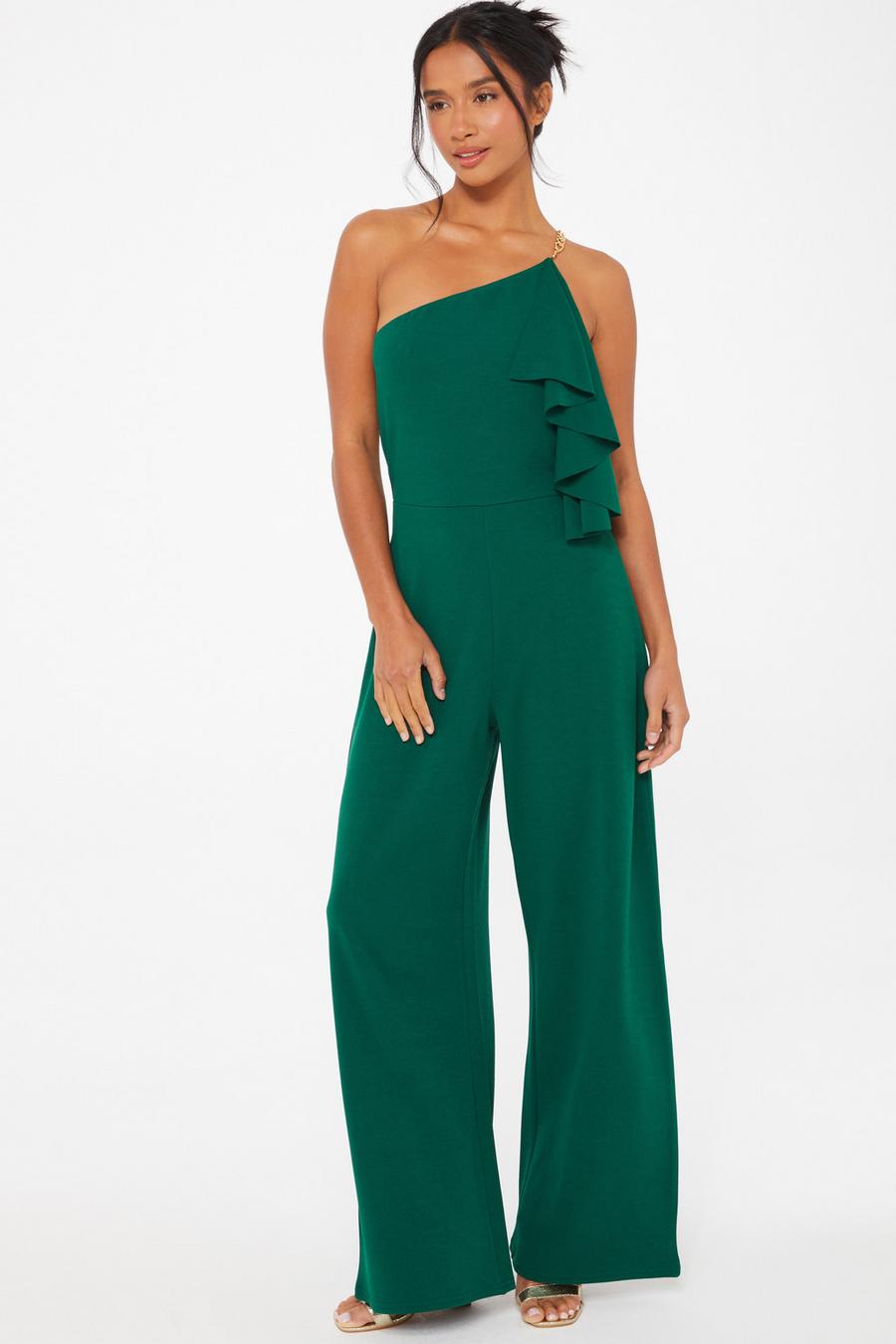 Petite Bottle Green One Shoulder Frill Palazzo Jumpsuit - Quiz Clothing