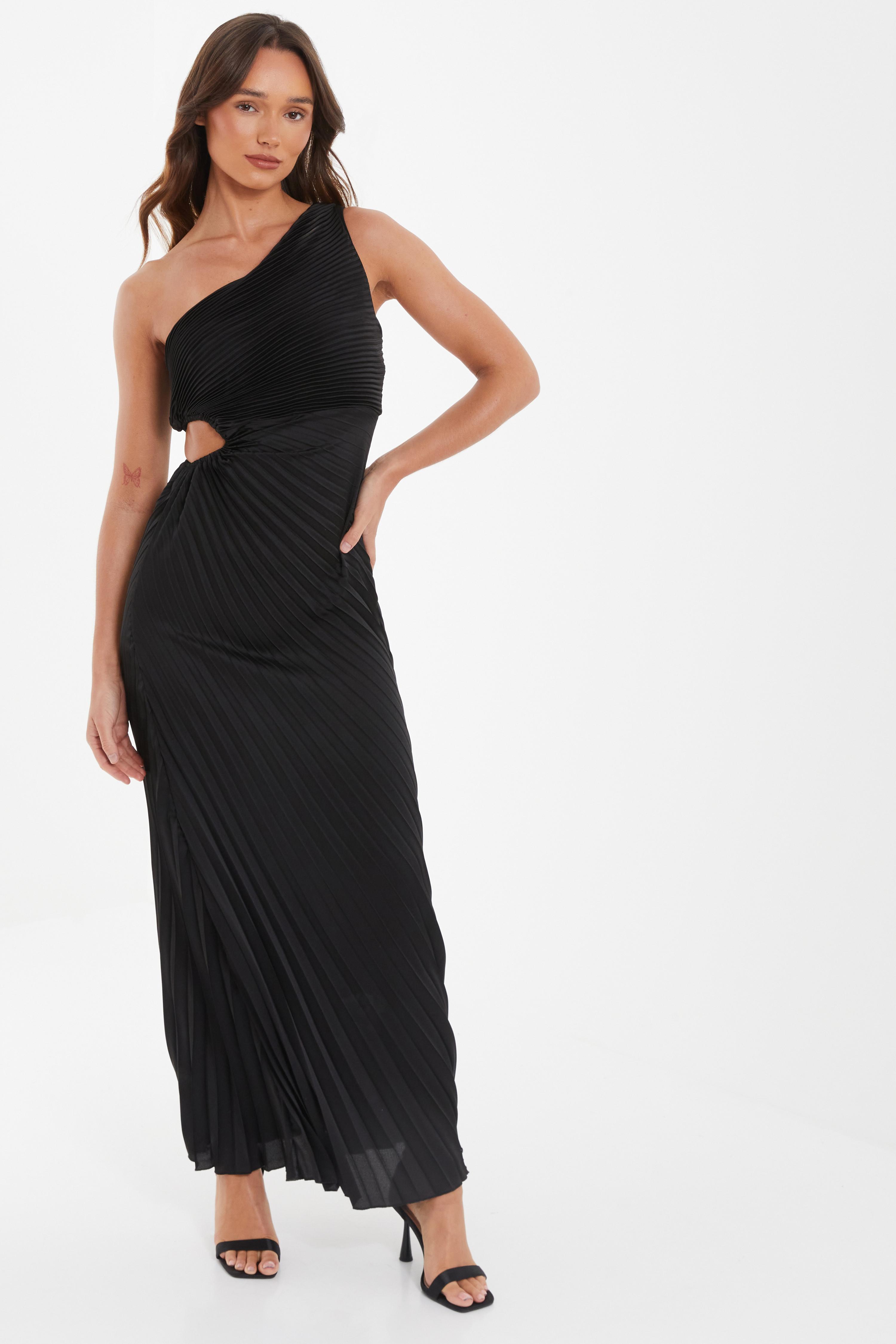 Black One Shoulder Pleated Maxi Dress