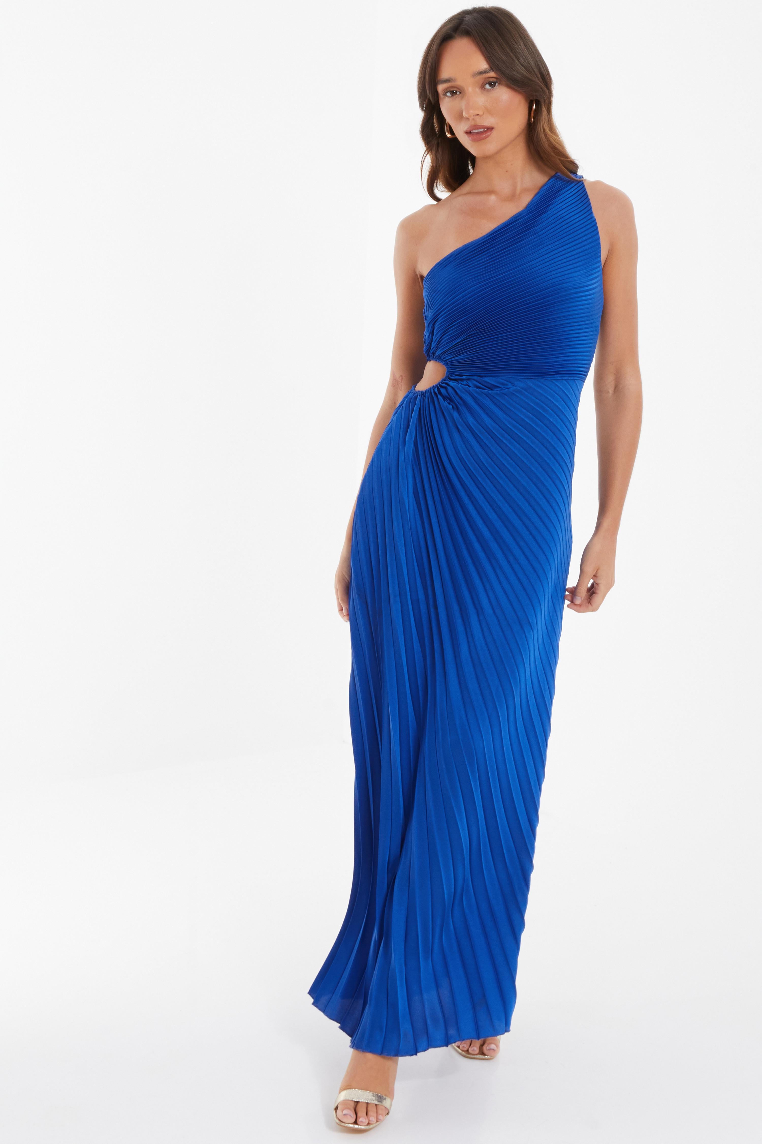 Royal Blue One Shoulder Pleated Maxi Dress