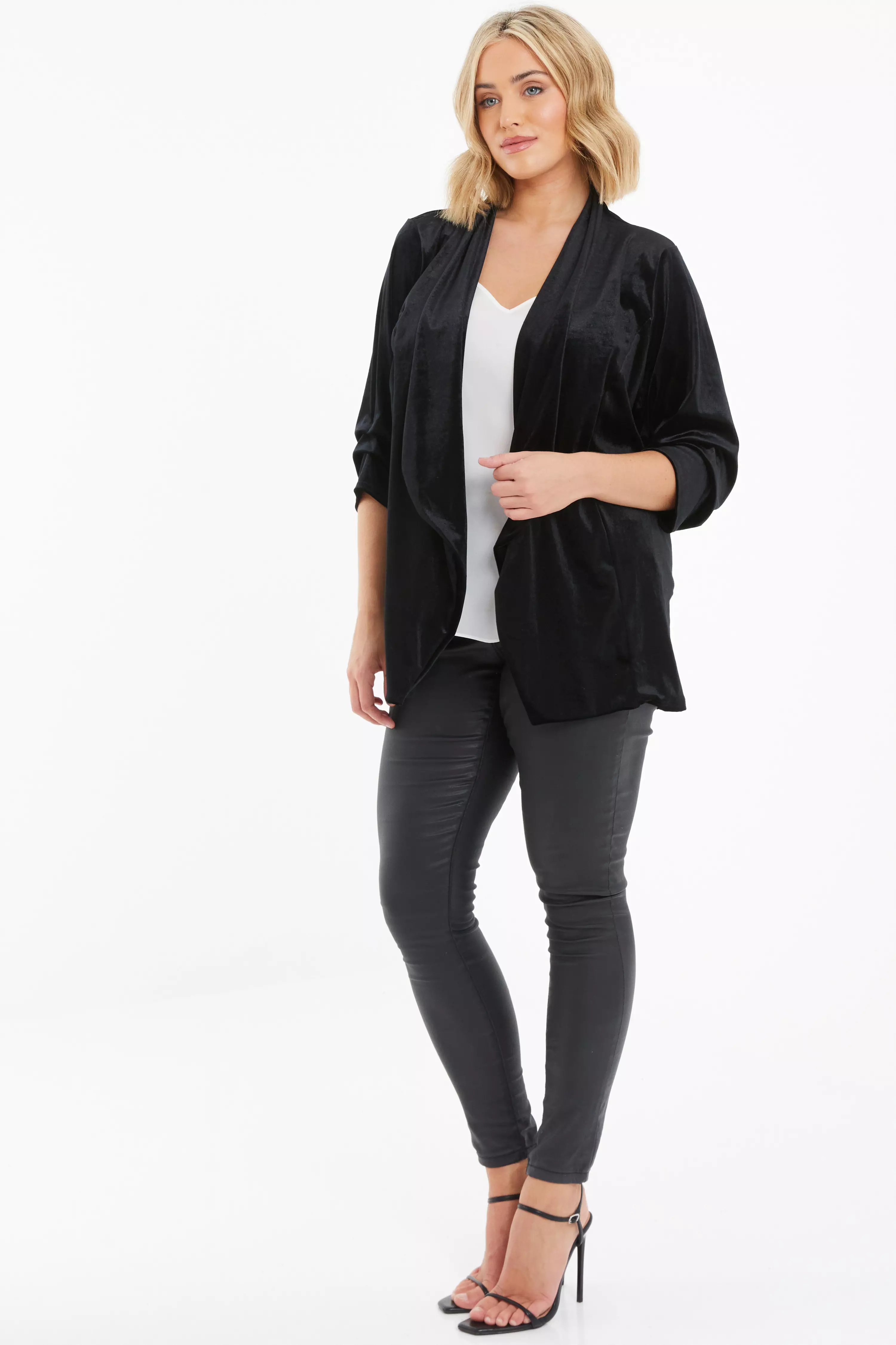 Curve Black Velvet Waterfall Blazer - QUIZ Clothing