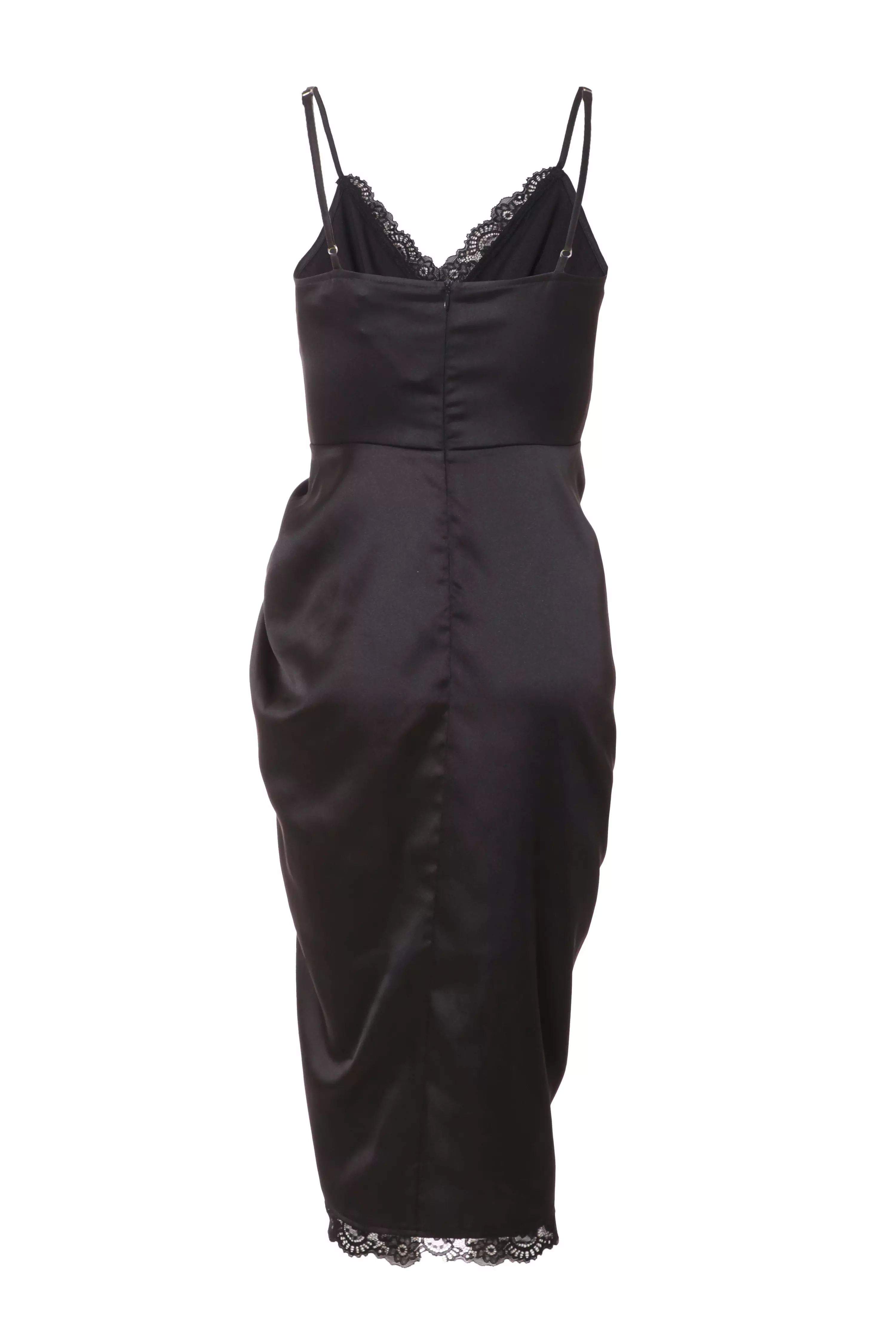 Petite Black Satin Lace Trim Midi Dress - QUIZ Clothing