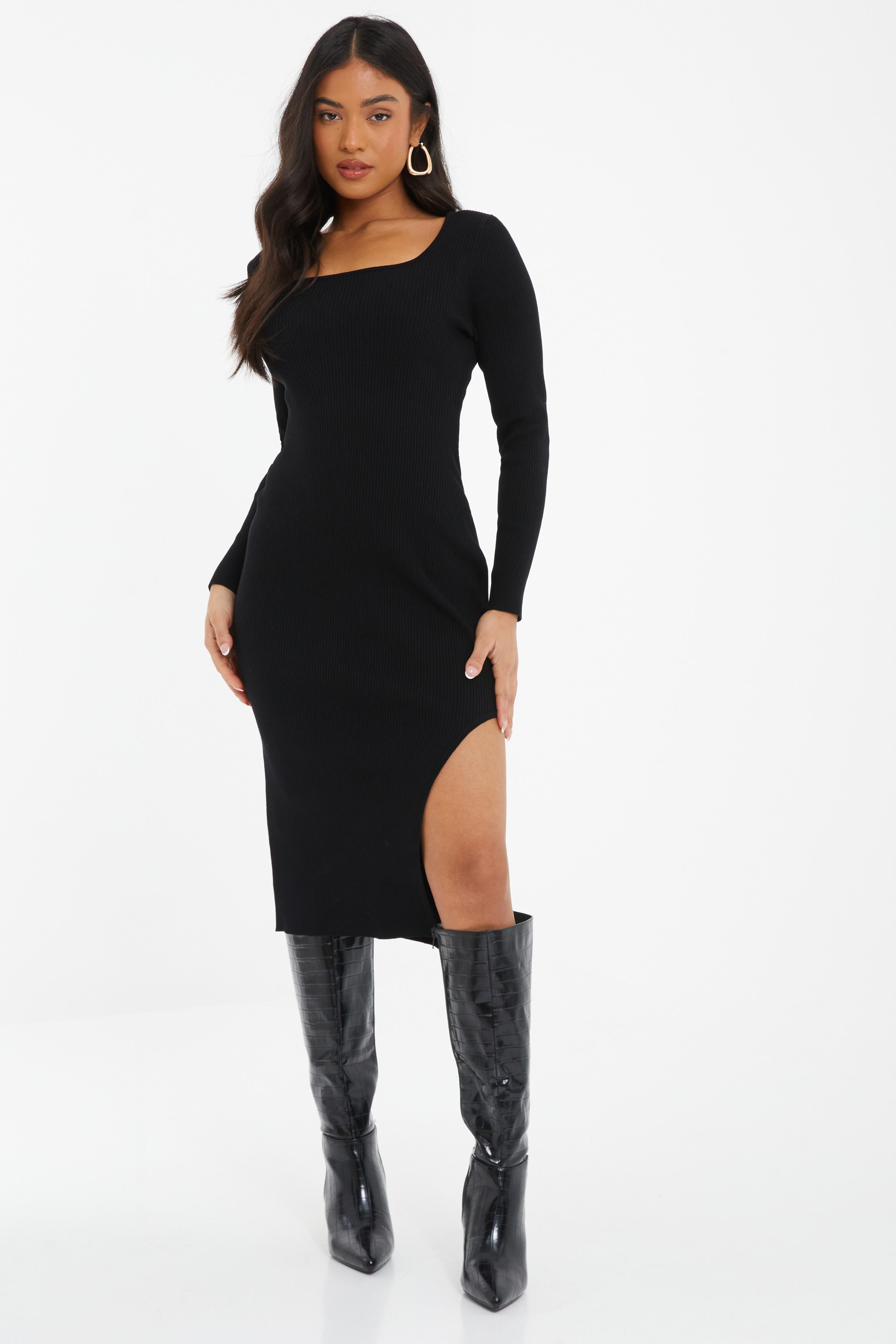 Petite Black Knit Long Sleeve Bodycon Midi Dress