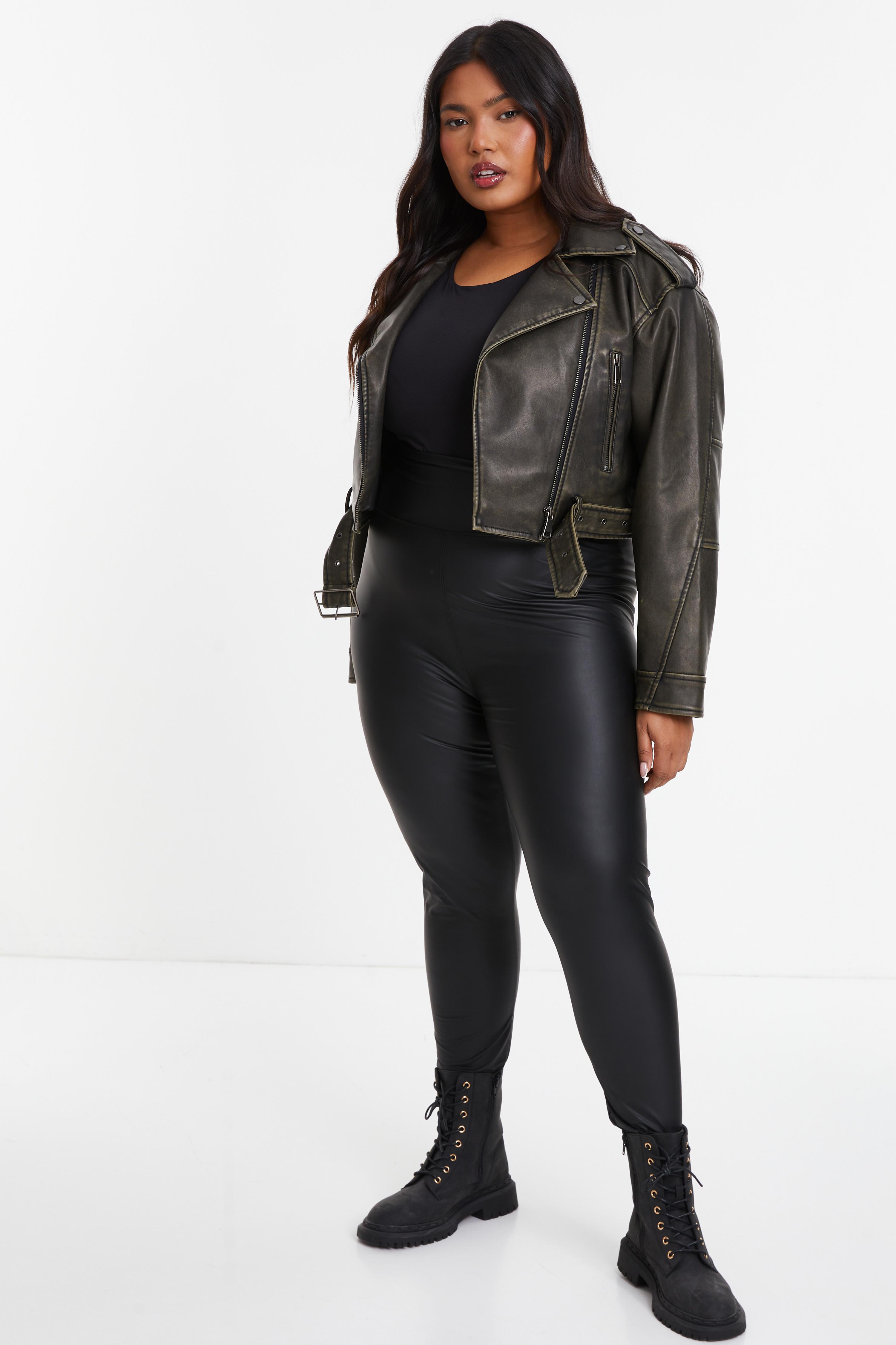 Curve Leather Look High Waisted Leggings - Black