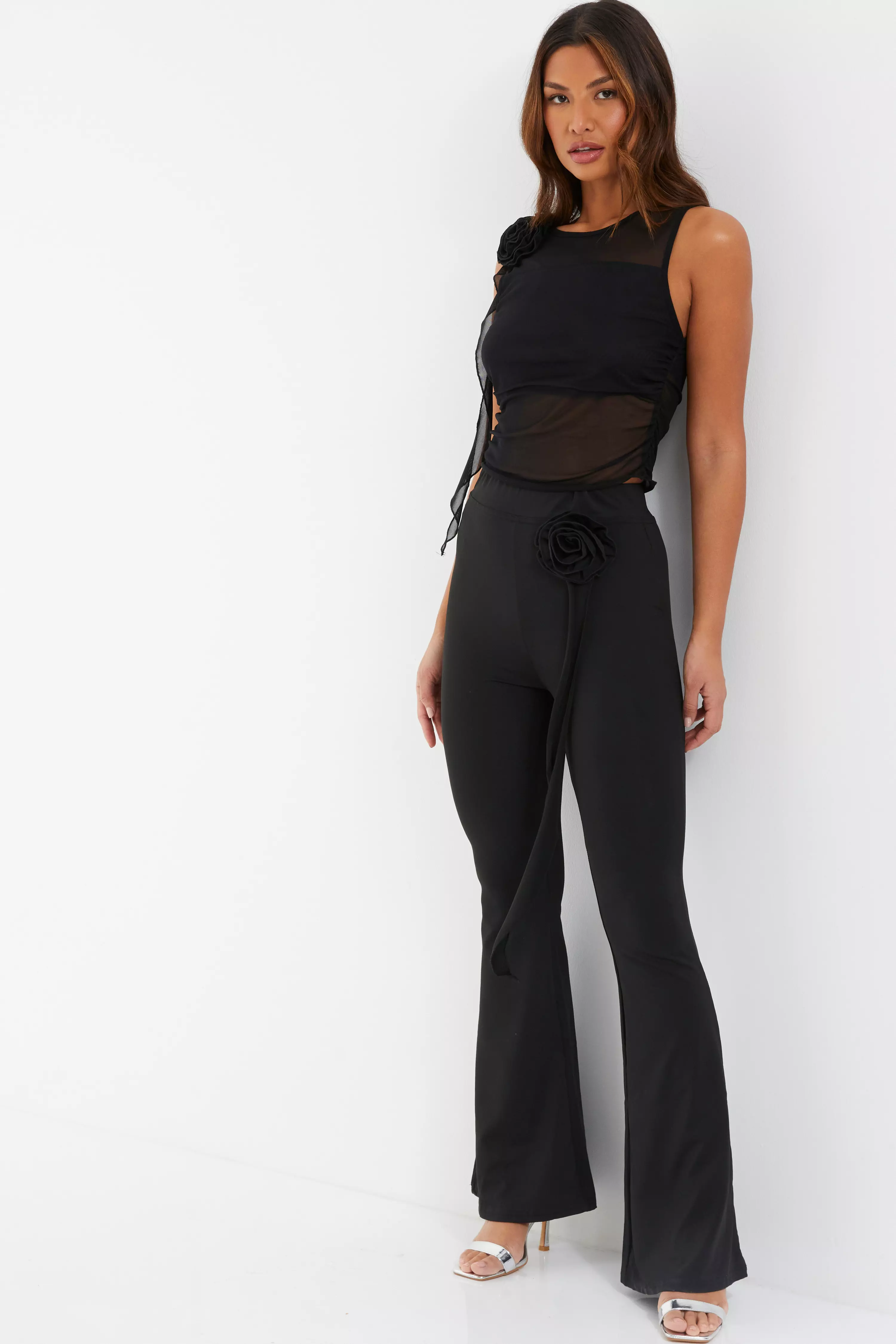 Black Mesh Ruched Corsage Top - QUIZ Clothing