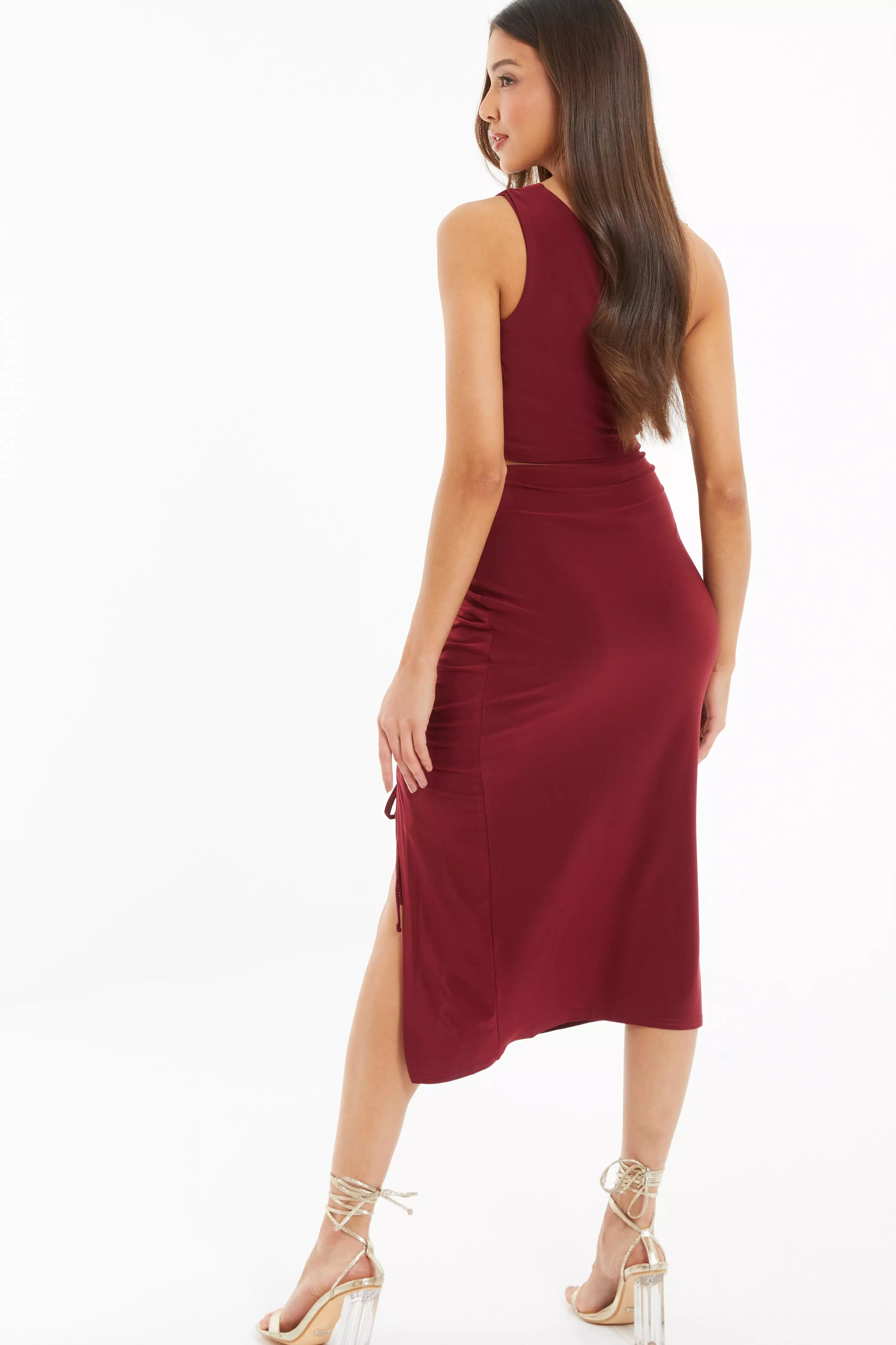 Dark Red Ruched Bodycon Midi Skirt QUIZ Clothing