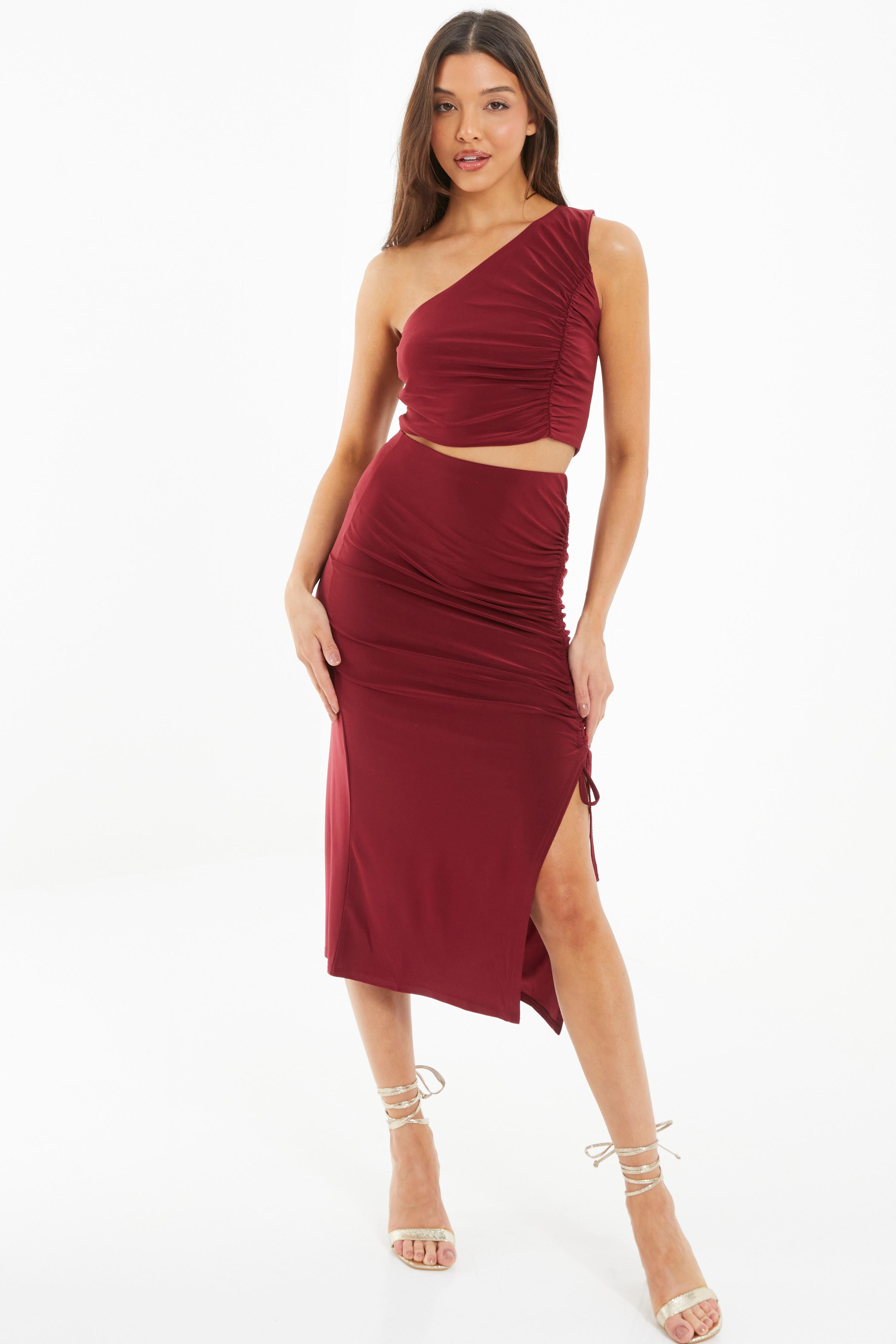 Berry Ruched Bodycon Midi Skirt