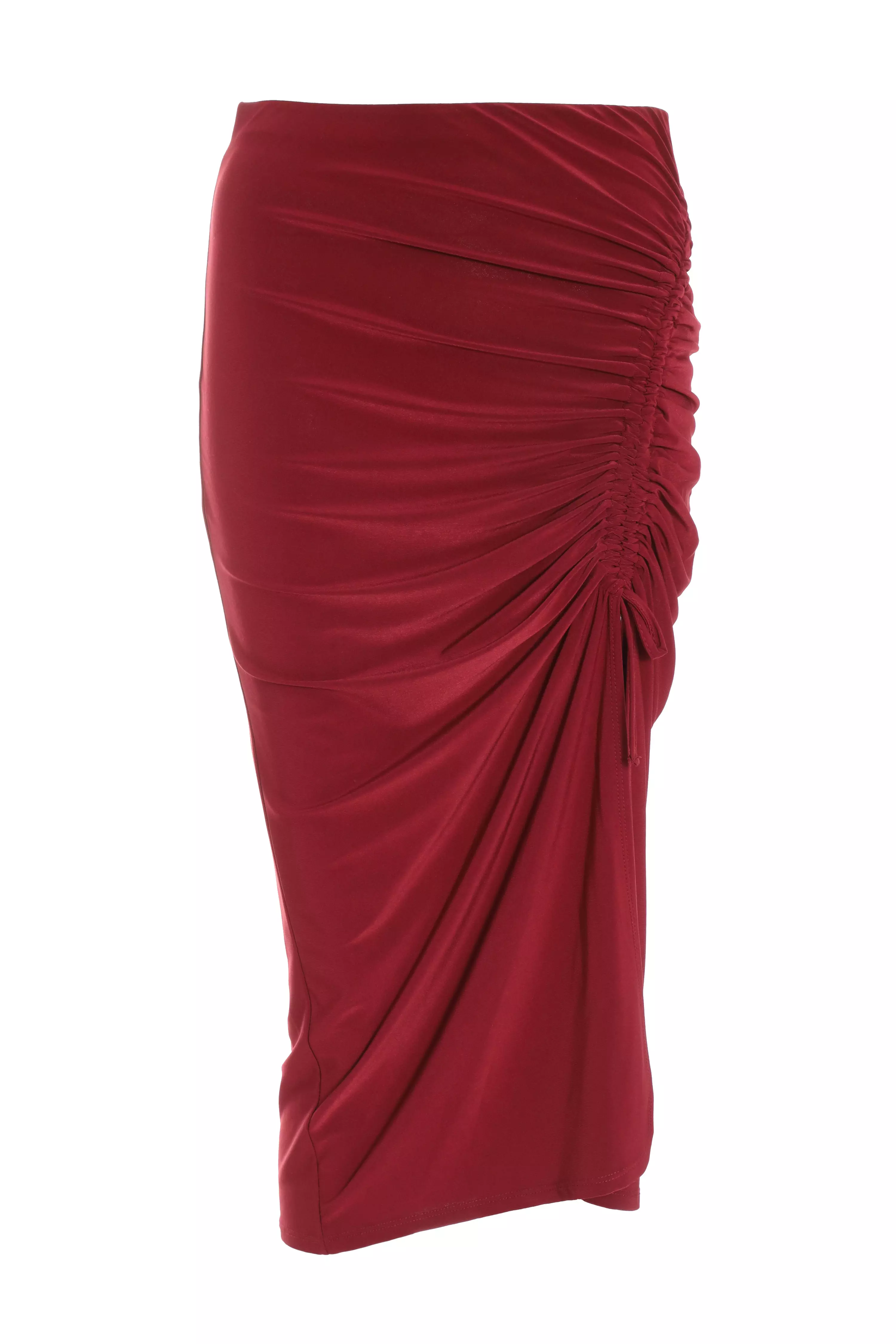 Dark Red Ruched Bodycon Midi Skirt QUIZ Clothing