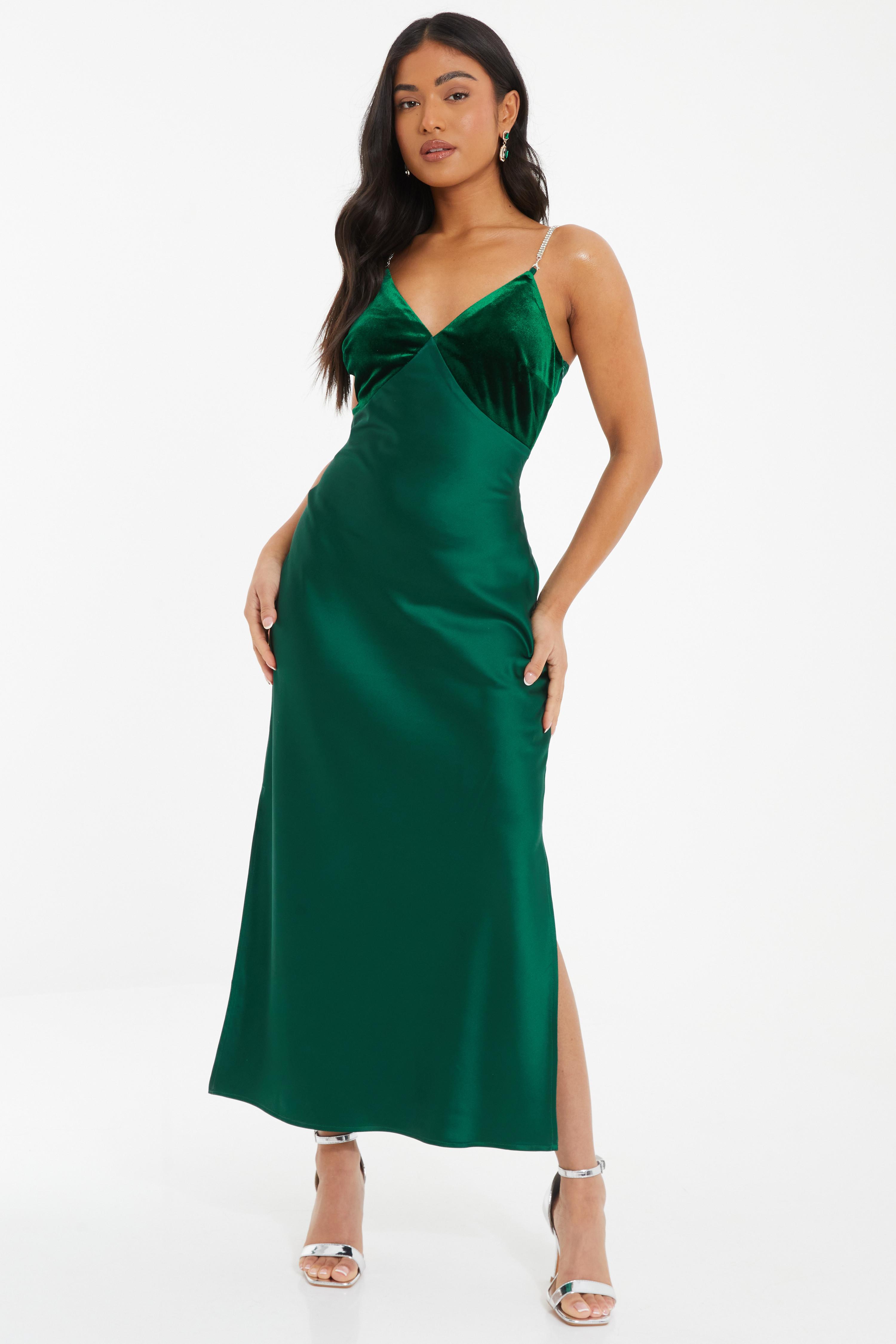 Petite Bottle Green Satin Midi Dress