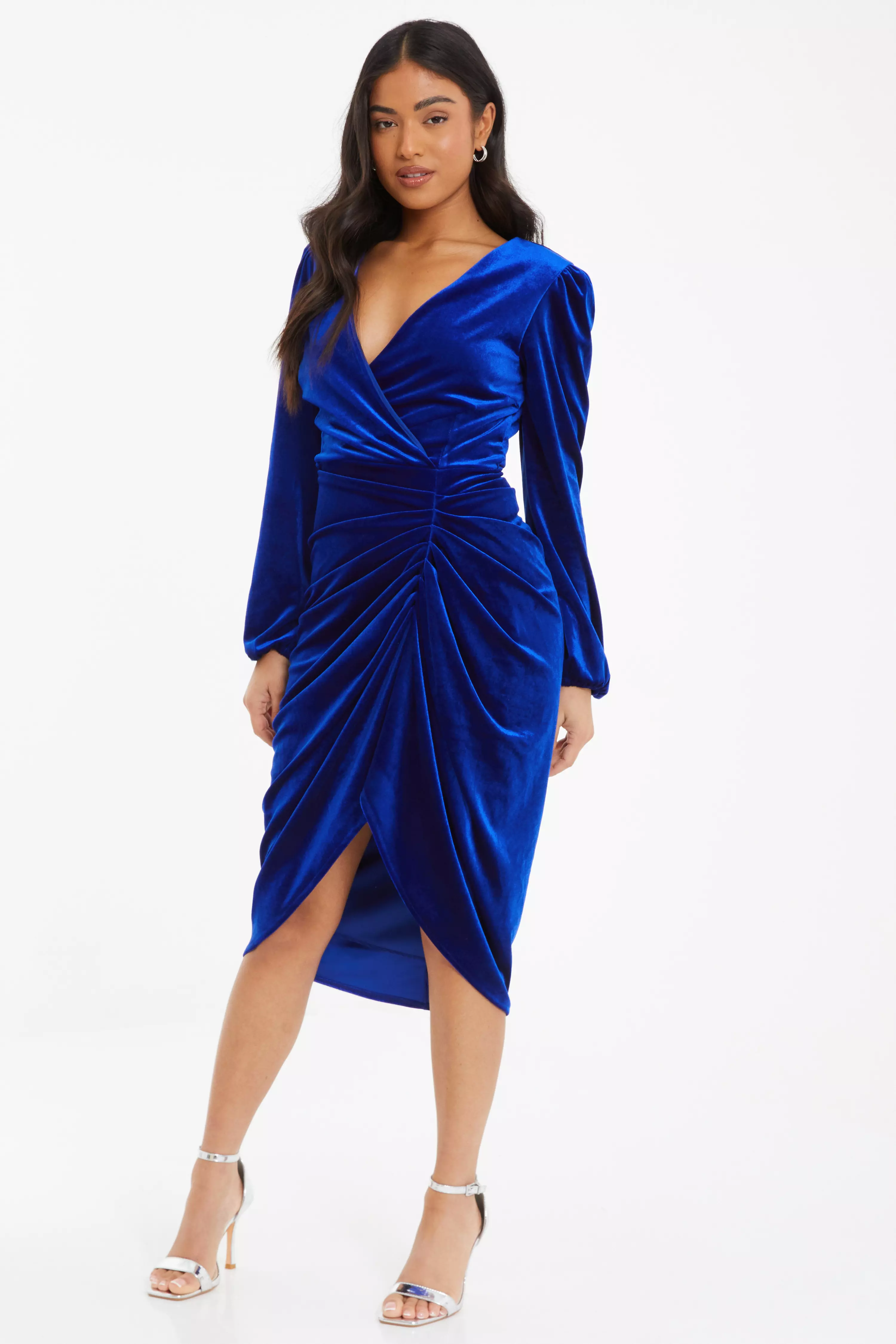 Petite Royal Blue Velvet Wrap Midi Dress - QUIZ Clothing