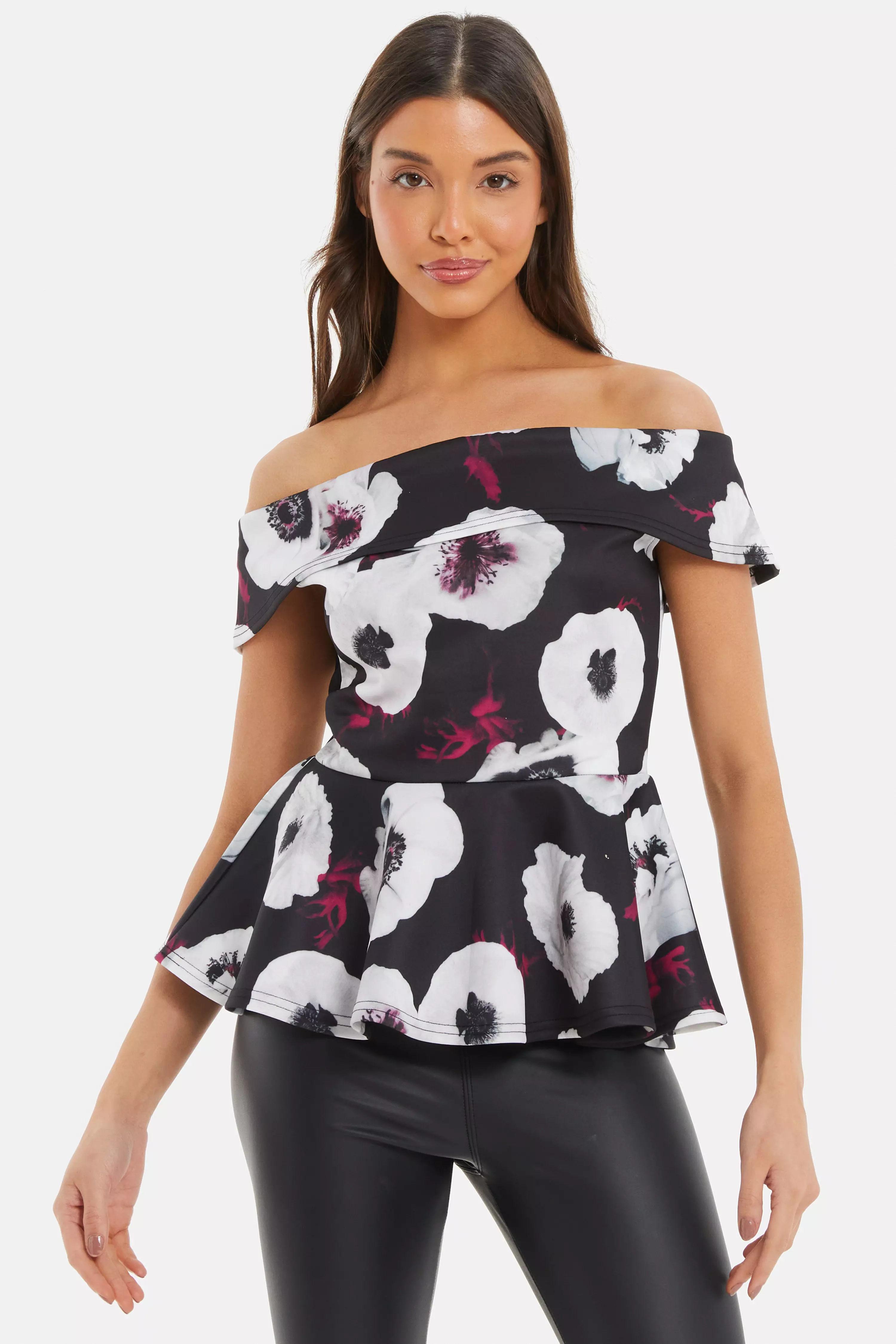 Black Floral Print Bardot Peplum Top QUIZ Clothing