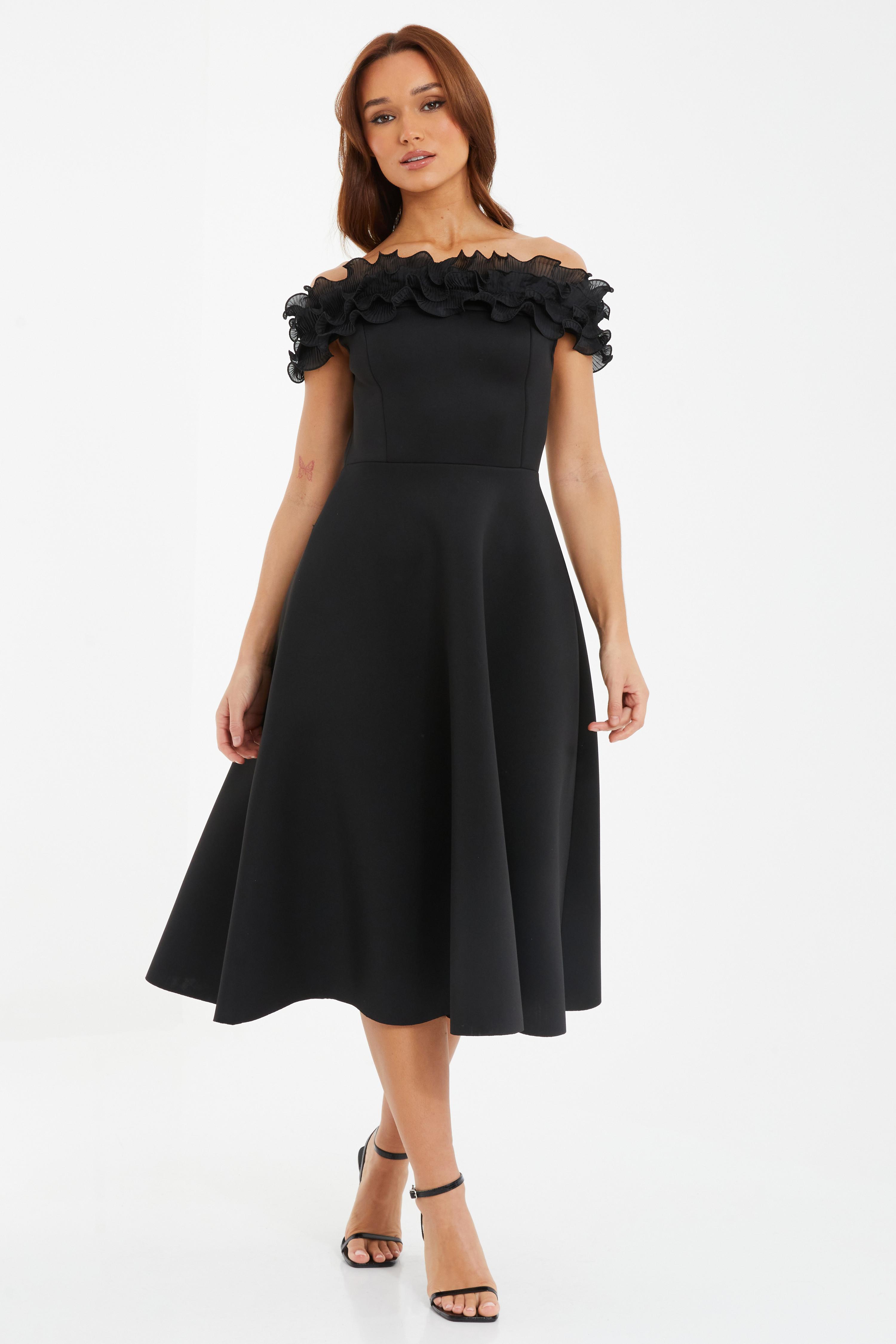 Black Frill Bardot Skater Dress