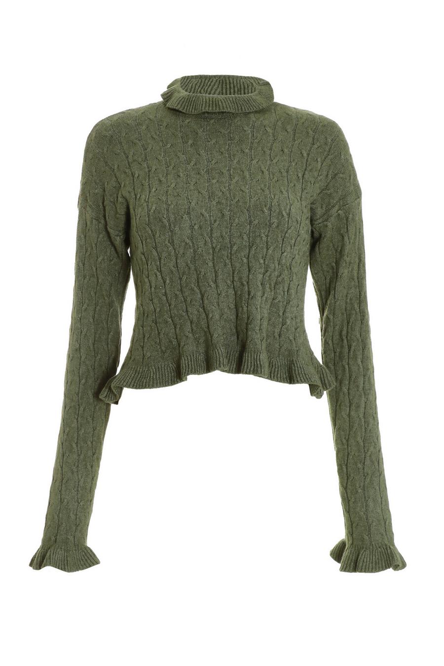 Khaki Knit High Neck Frill Jumper - Quiz Clothing