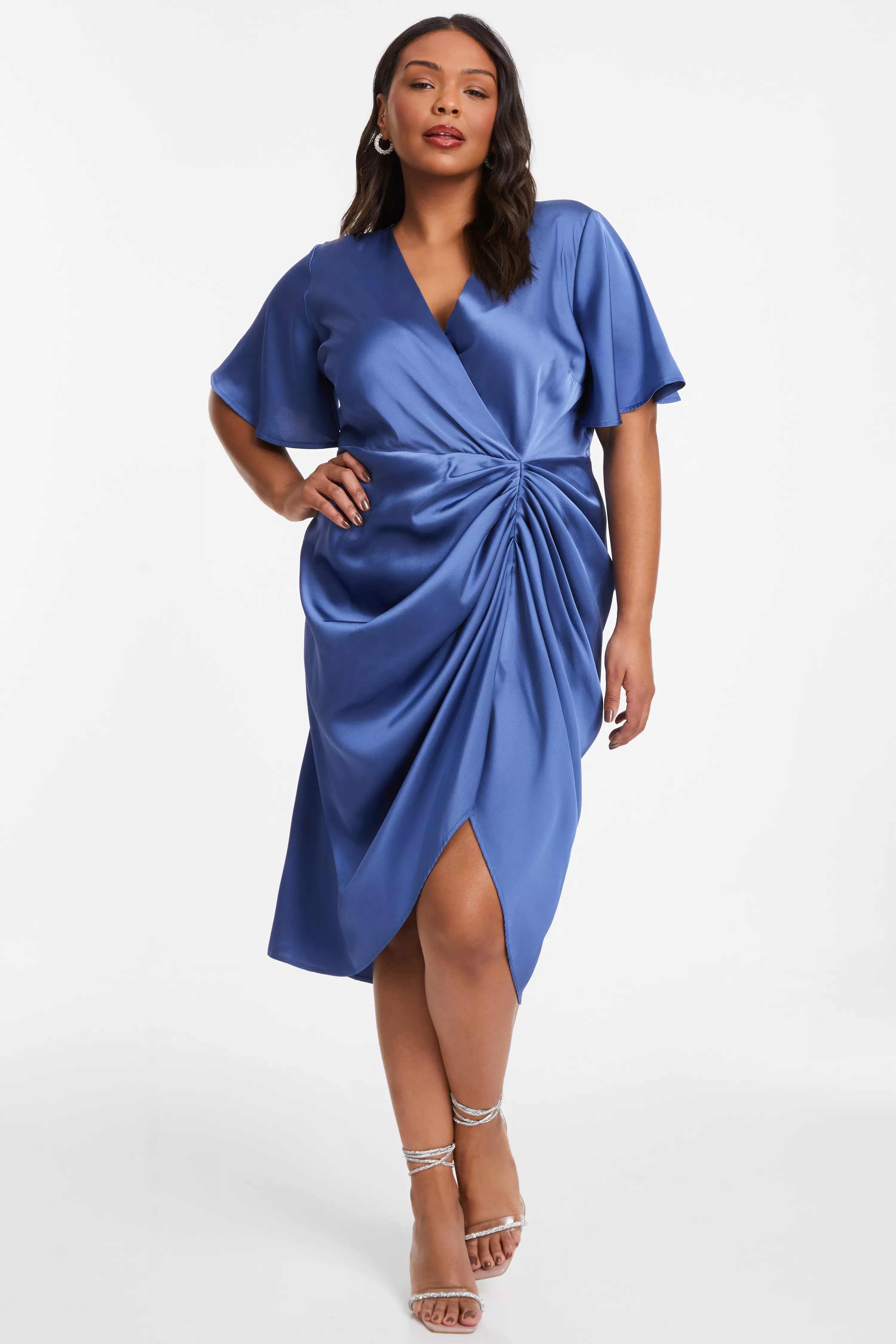 Curve Blue Satin Wrap Midi Dress - QUIZ Clothing