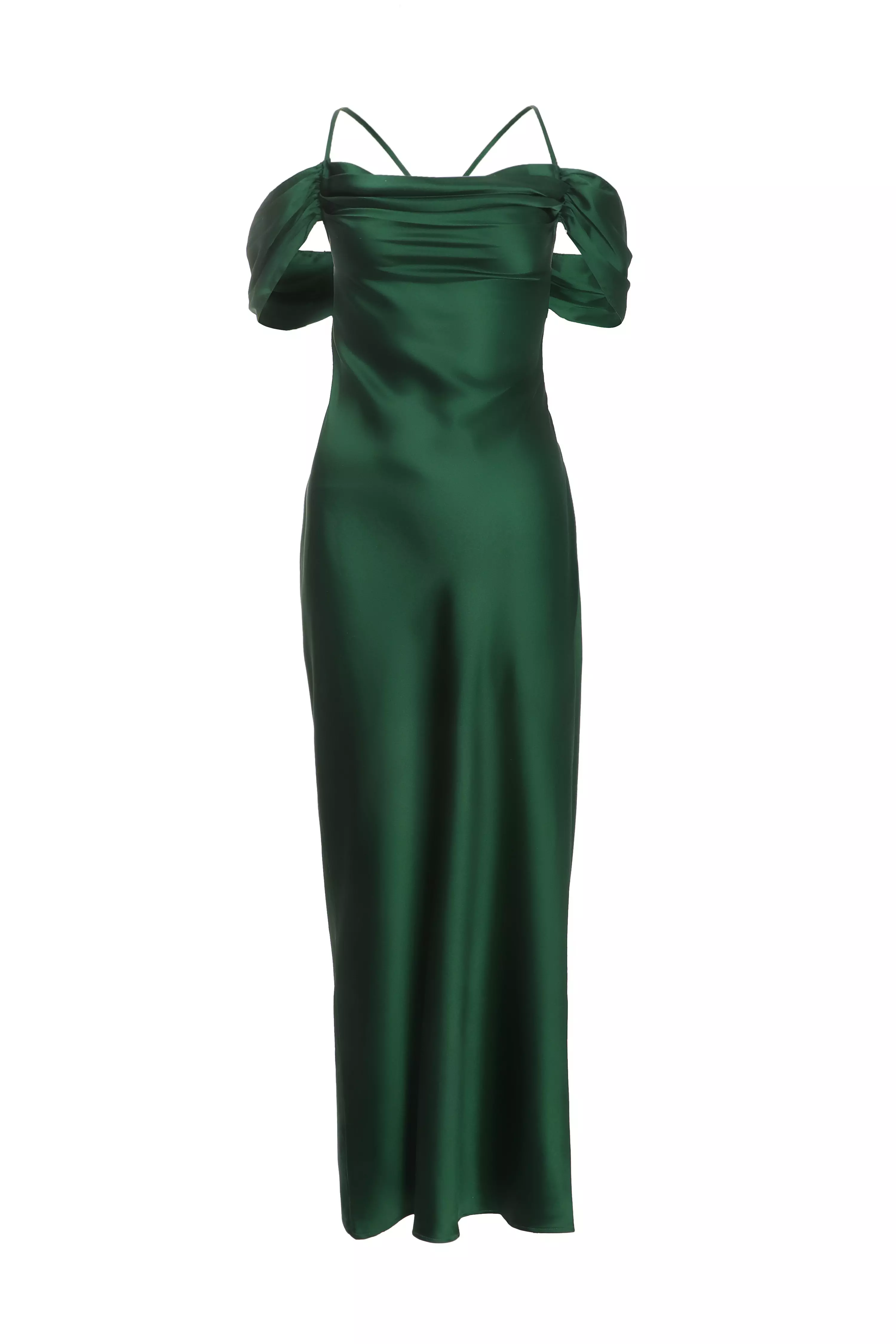 Bottle Green Satin Cold Shoulder Maxi Dress - QUIZ Clothing