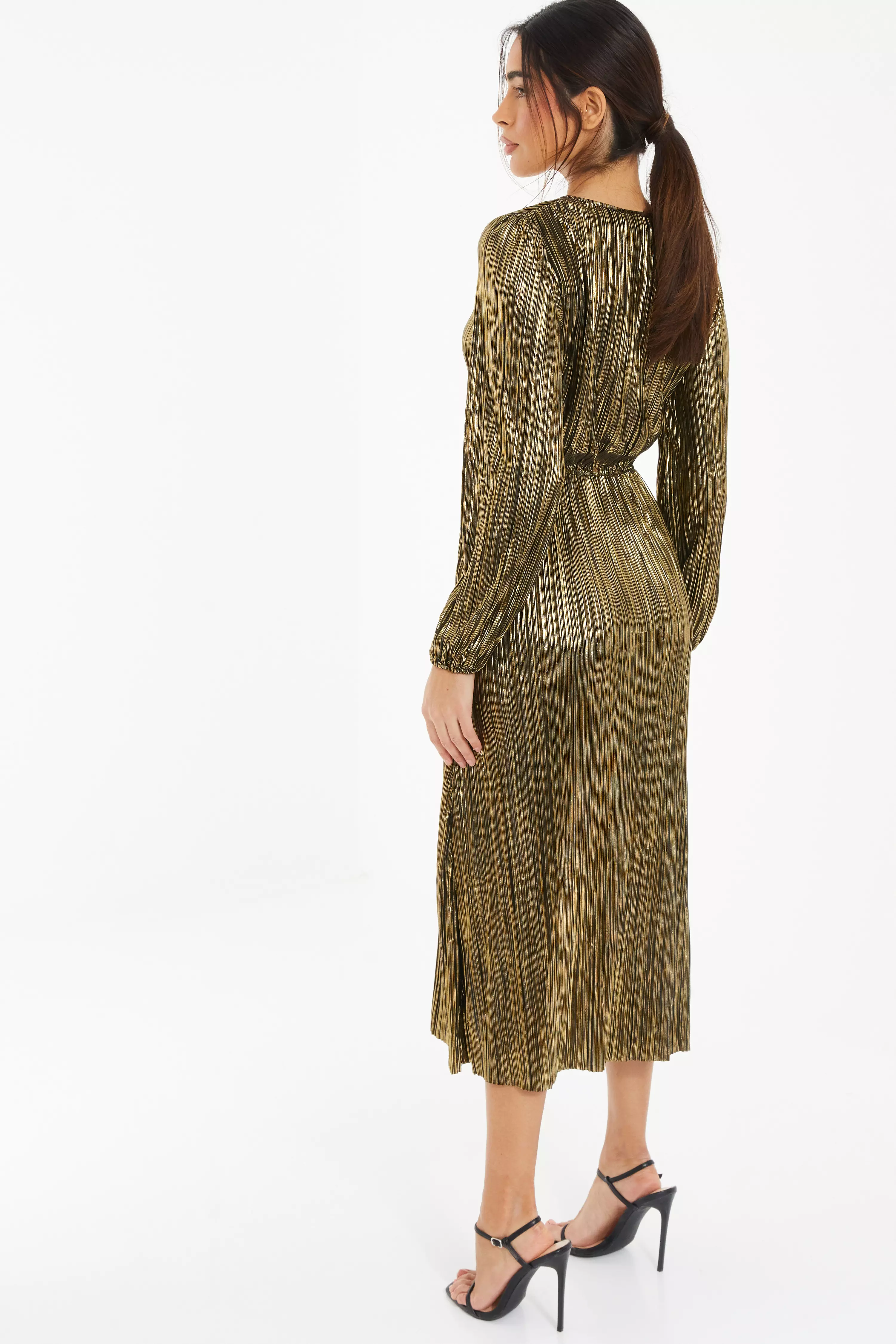Gold Foil V Neck Midi Dress QUIZ Clothing
